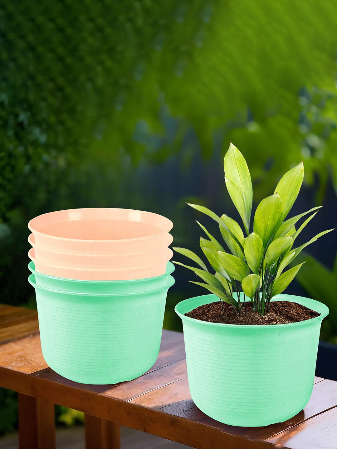 

Kuber Industries Peach-Colored & Green 6 Pieces Textured Planters With Plate