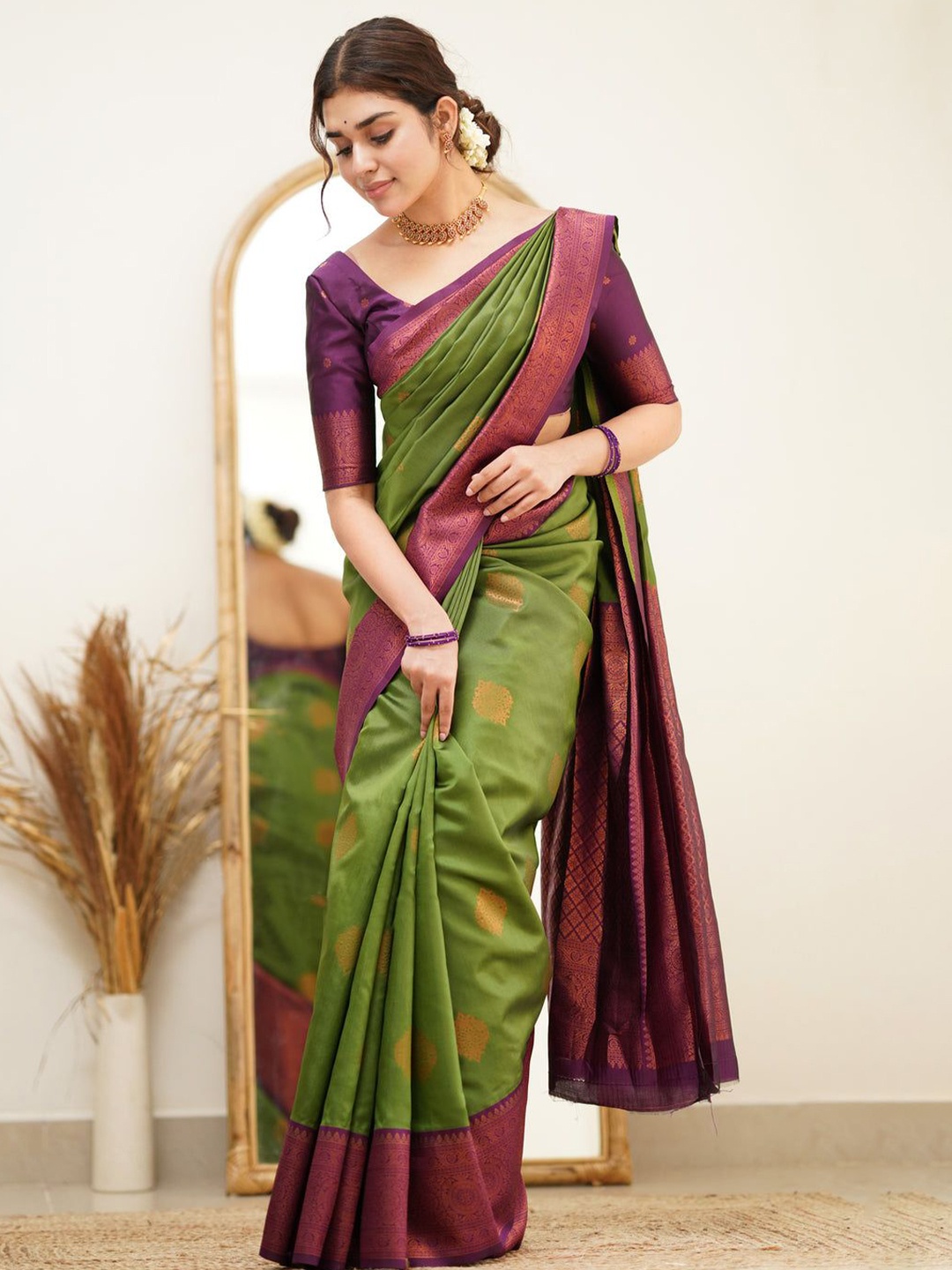 

Visit Wear Woven Design Zari Pure Silk Banarasi Saree, Olive