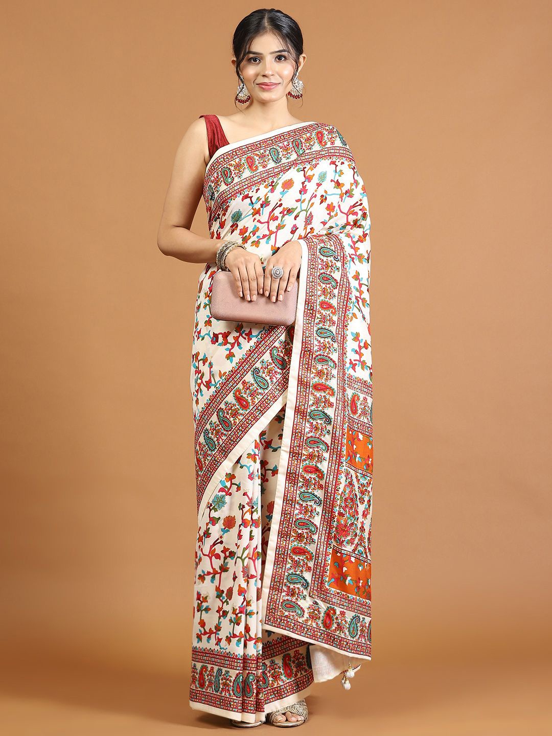 

Meena Bazaar Floral Printed Saree, Beige