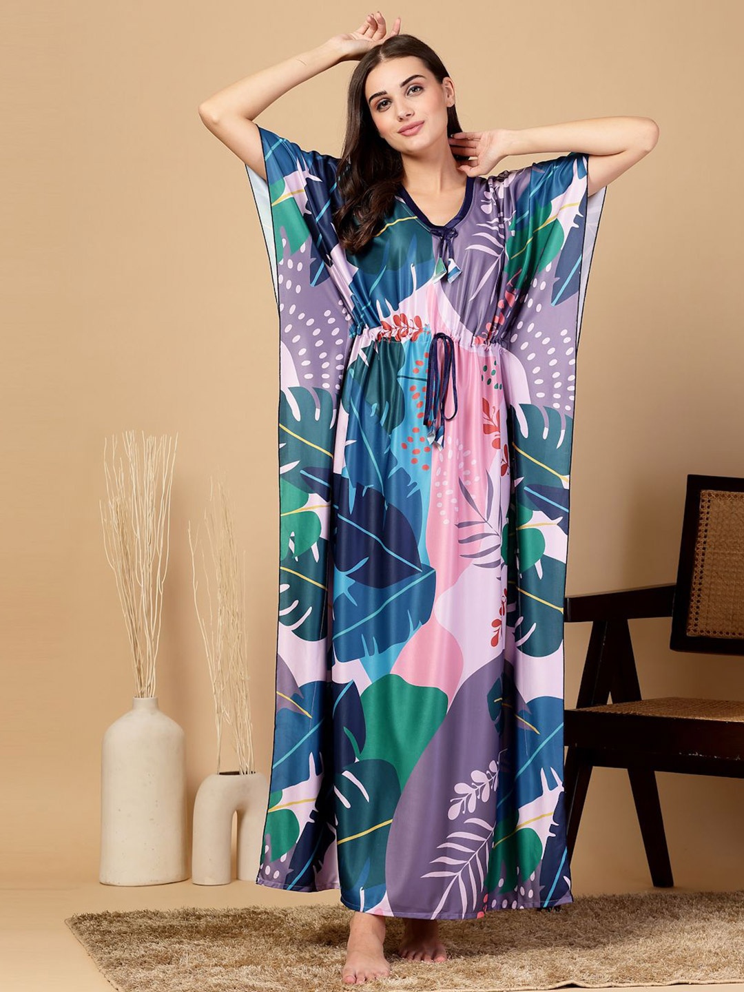 

FABINALIV Women Graphic Printed Kaftan Maxi Nightdress, Blue