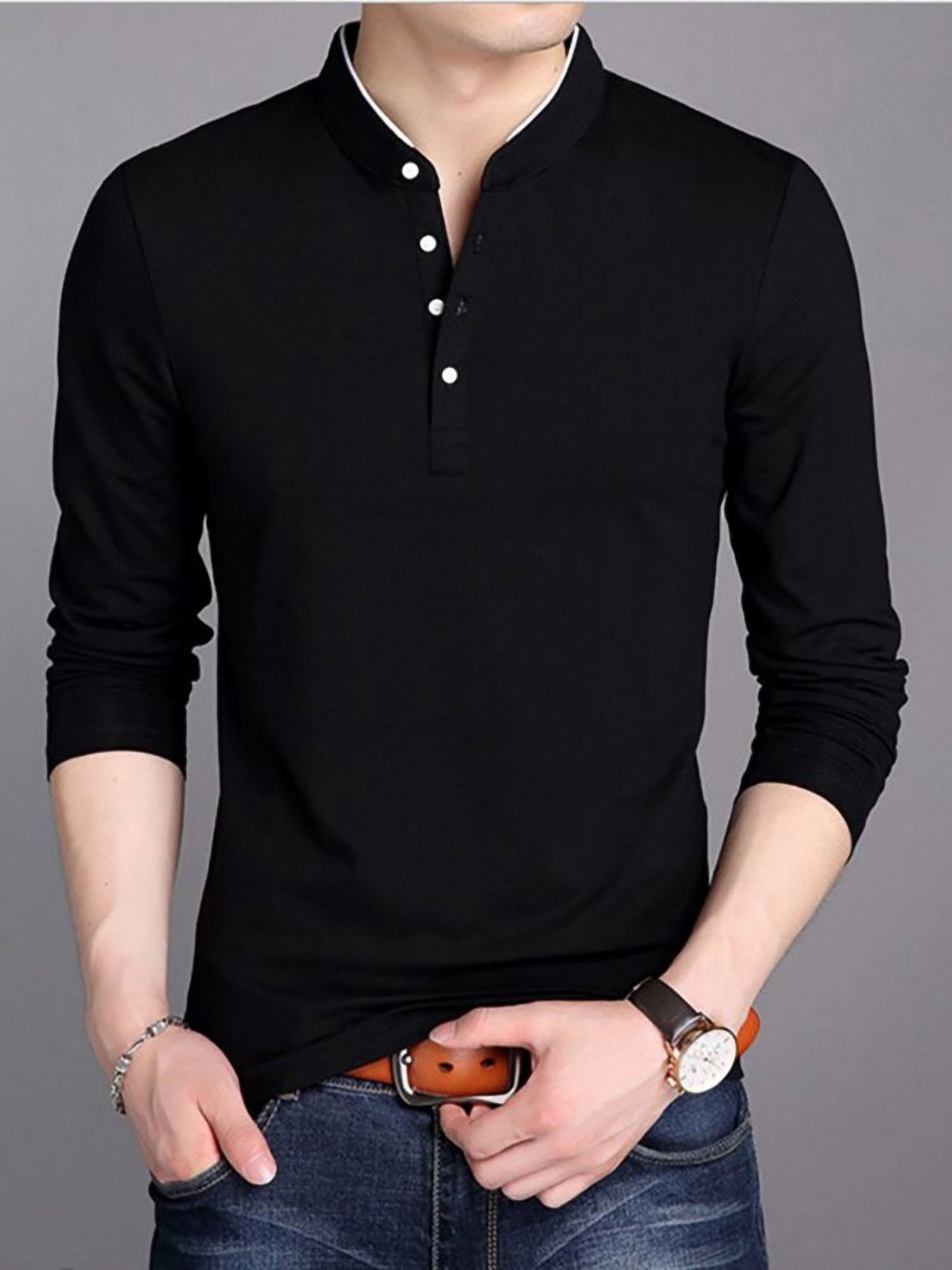 

StyleCast x Revolte Men Solid Henley Neck Cotton T-shirt, Black