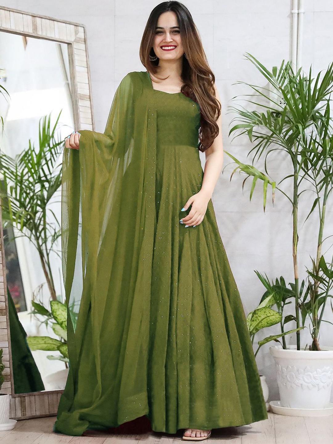 

KALINI Women Embroidered Chikankari Gown, Olive