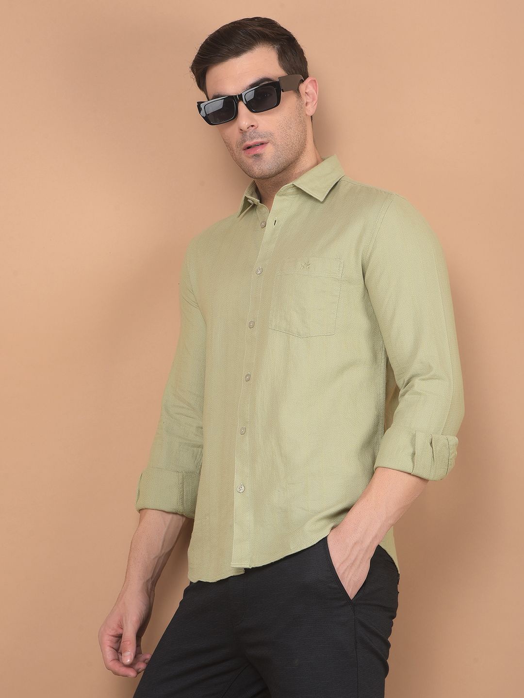 

Crimsoune Club Men Classic Spread Collar Solid Cotton Slim Fit Casual Shirt, Khaki