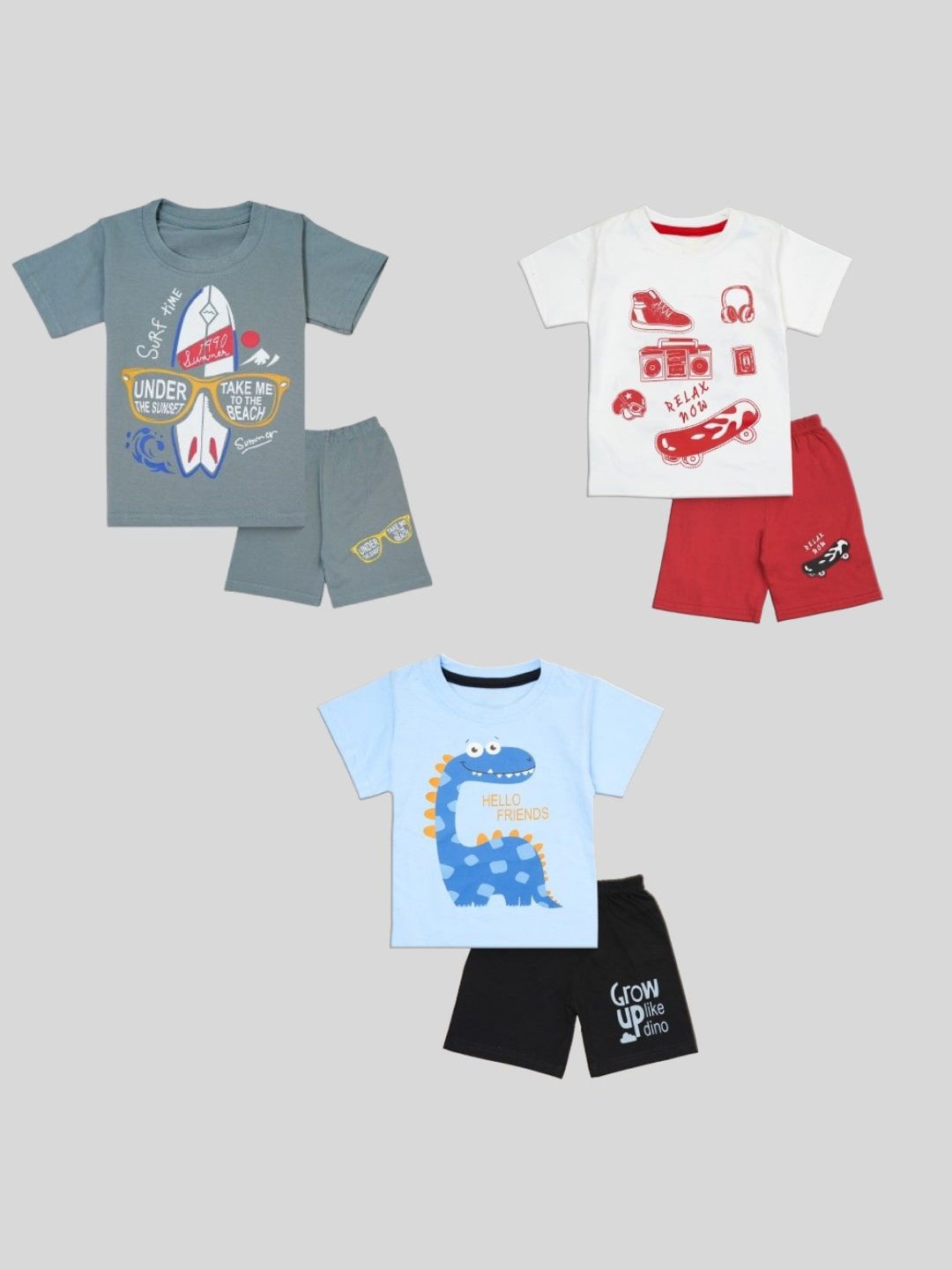 

BURBN Pack of 3 Printed Pure Cotton T-shirt with Shorts, White