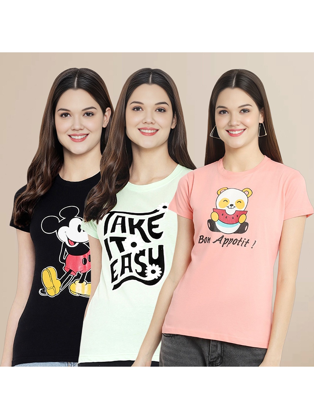 

Metronaut Women Pack Of 3 Typography Printed Round Neck Cotton Mickey Mouse T-shirts, Peach