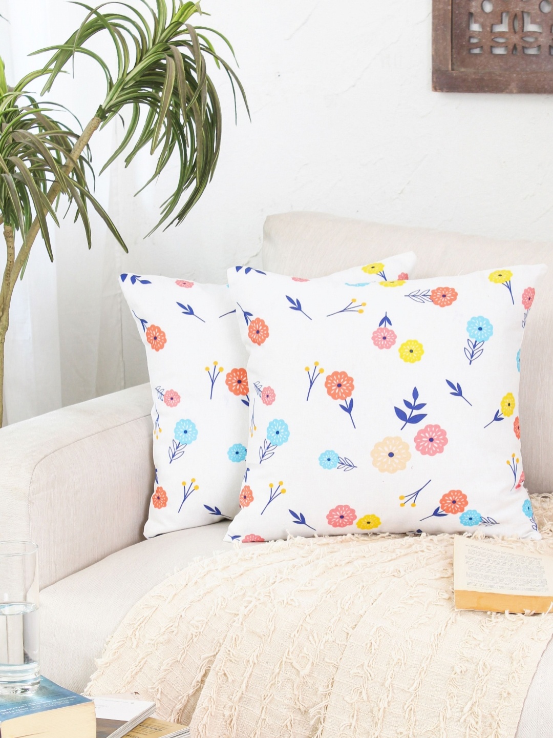 

HOMPRIN White & Blue 2 Pieces Floral Printed Cotton Square Cushion Covers