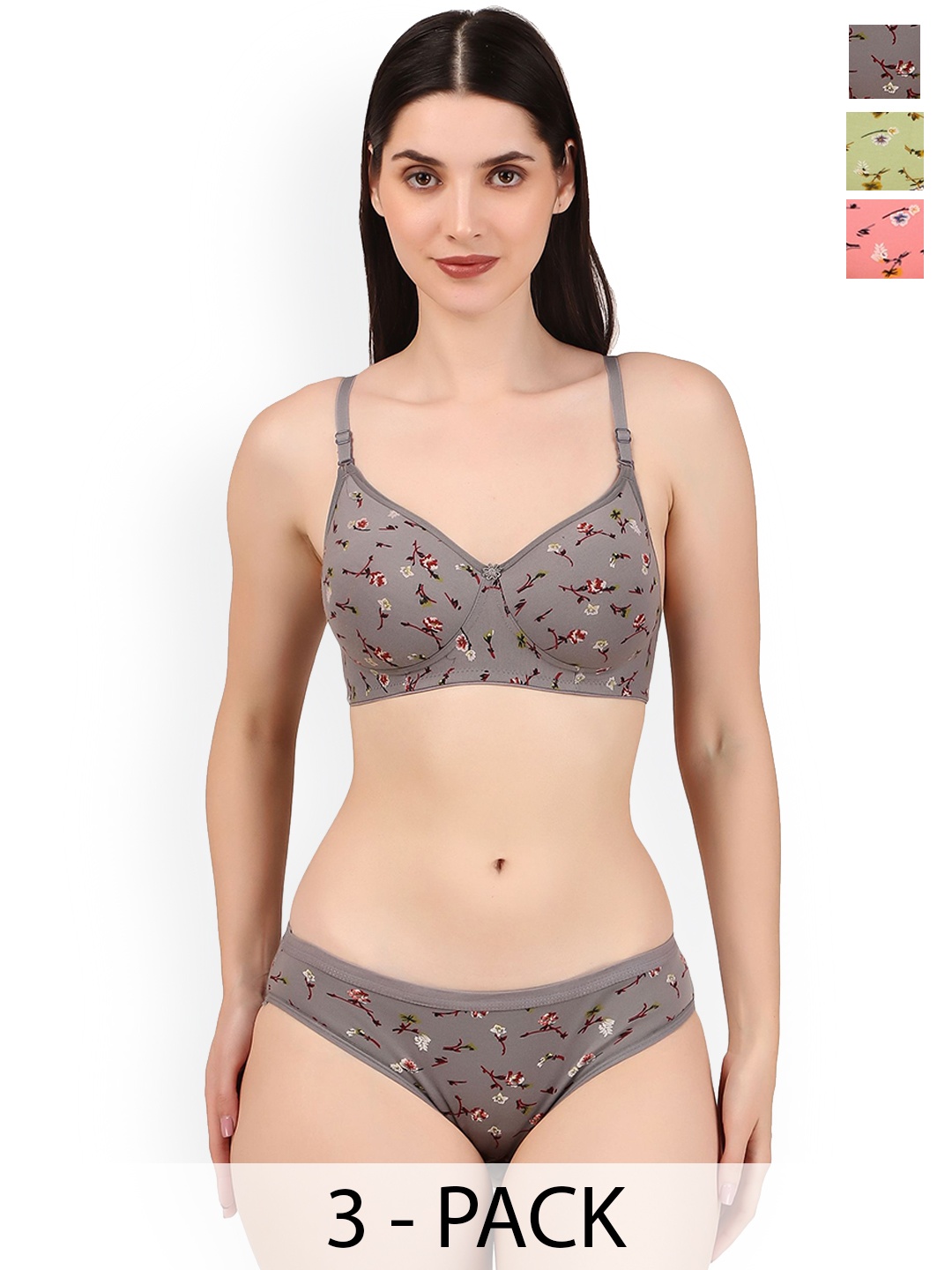

Piylu Women Pack of 3 Cotton Lightly Padded Non-Wired Lingerie Set, Grey