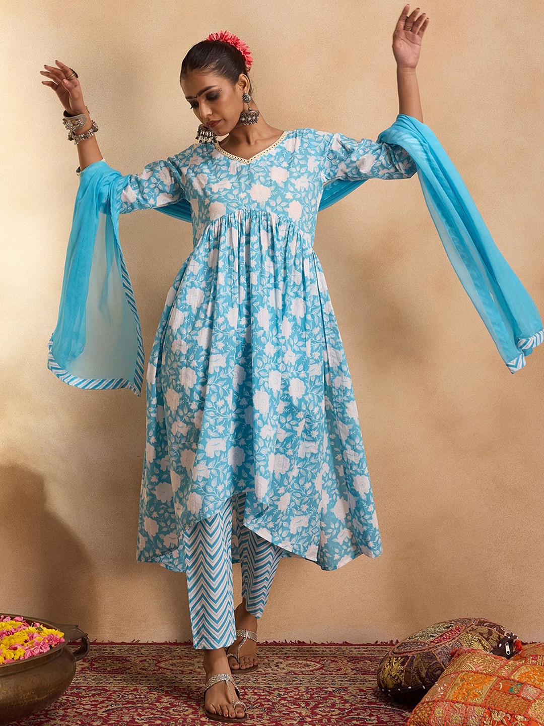 

Indo Era Floral Printed Empire Mirror Work Pure Cotton Kurta with Trousers & With Dupatta, Blue