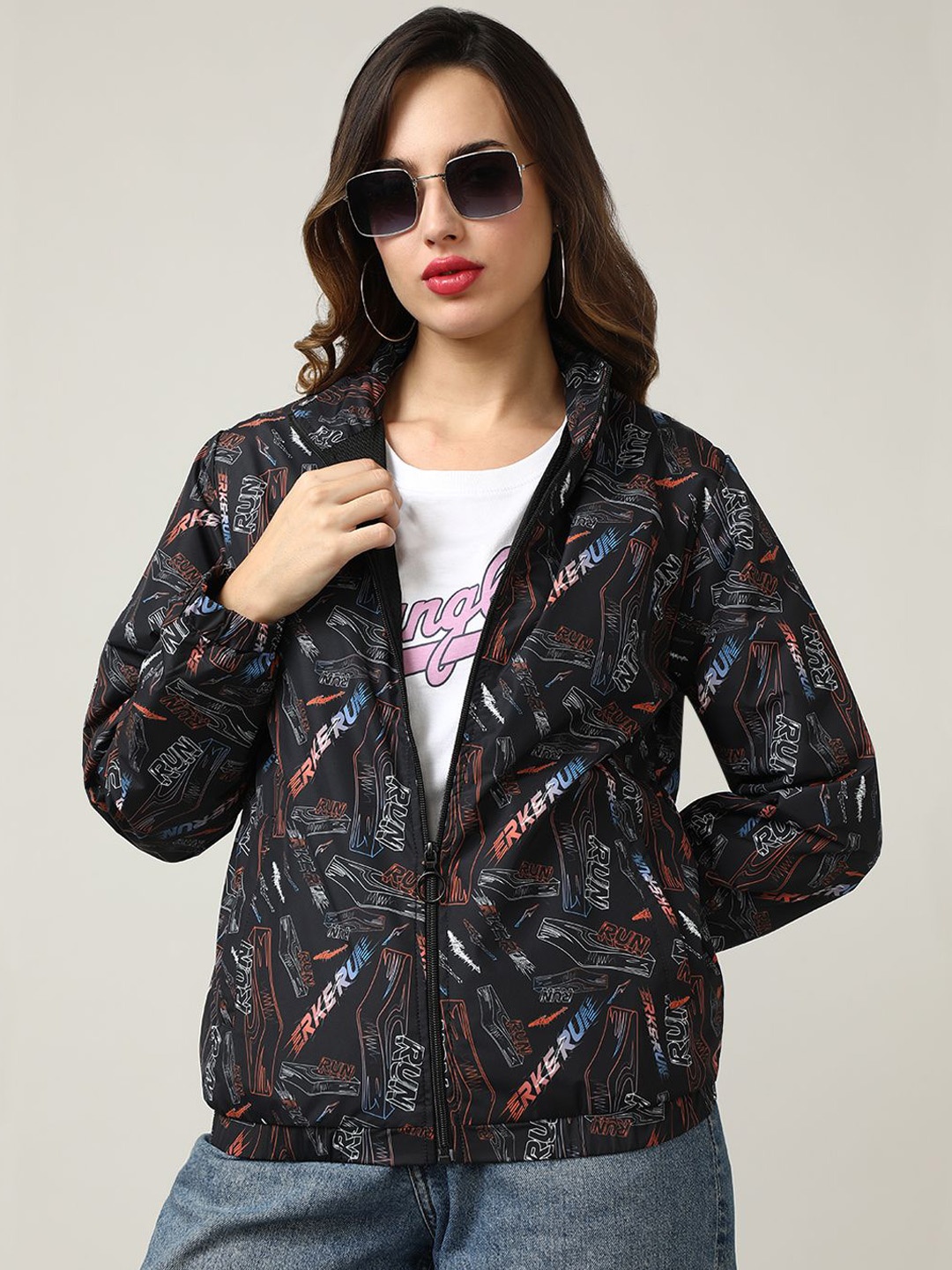 

Fort Collins Men Mock Collar Typography Printed Casual Bomber Jacket, Black
