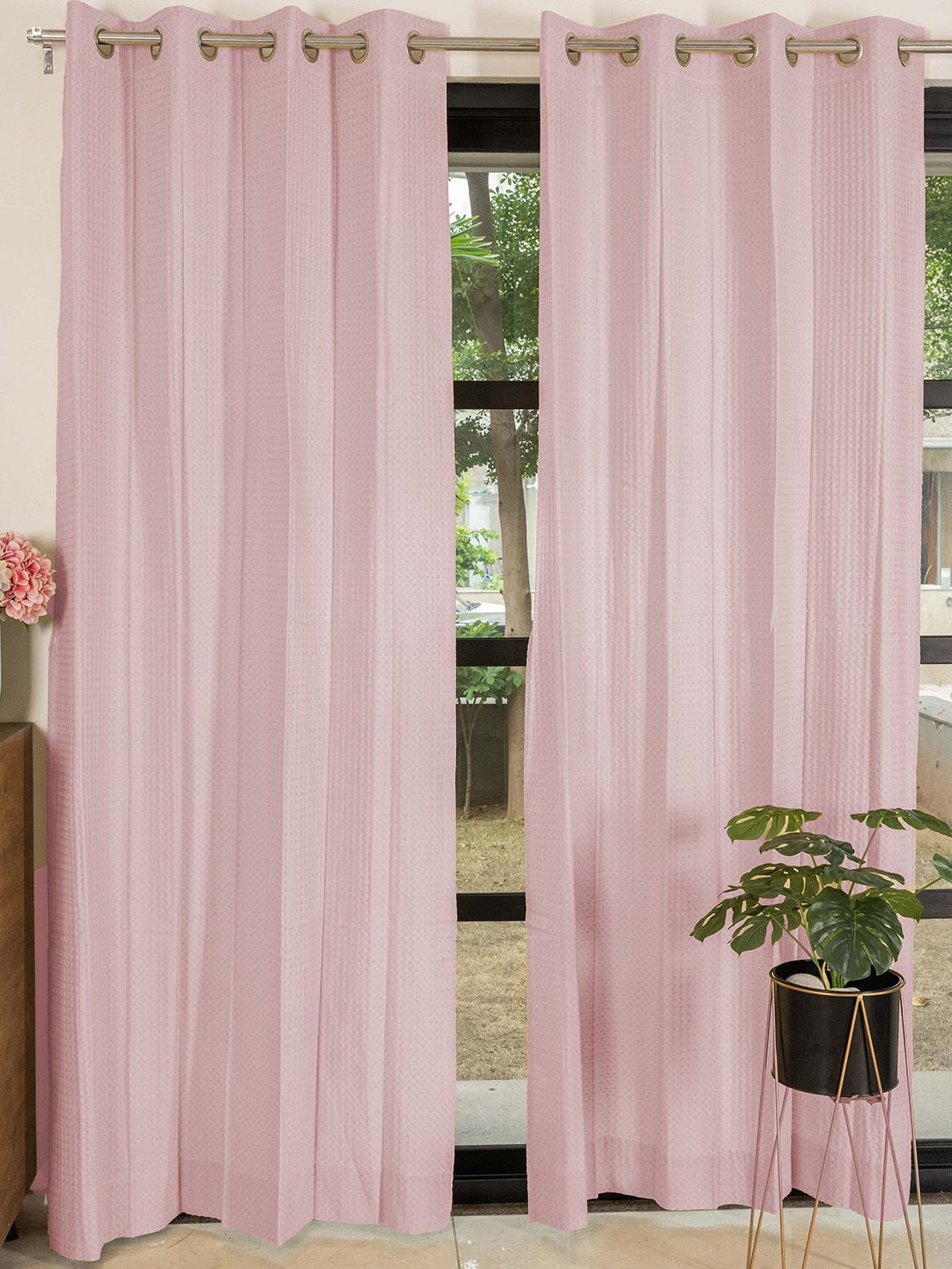 

URBAN SPACE Waffle Pink 2 Pieces Cotton Door Curtains