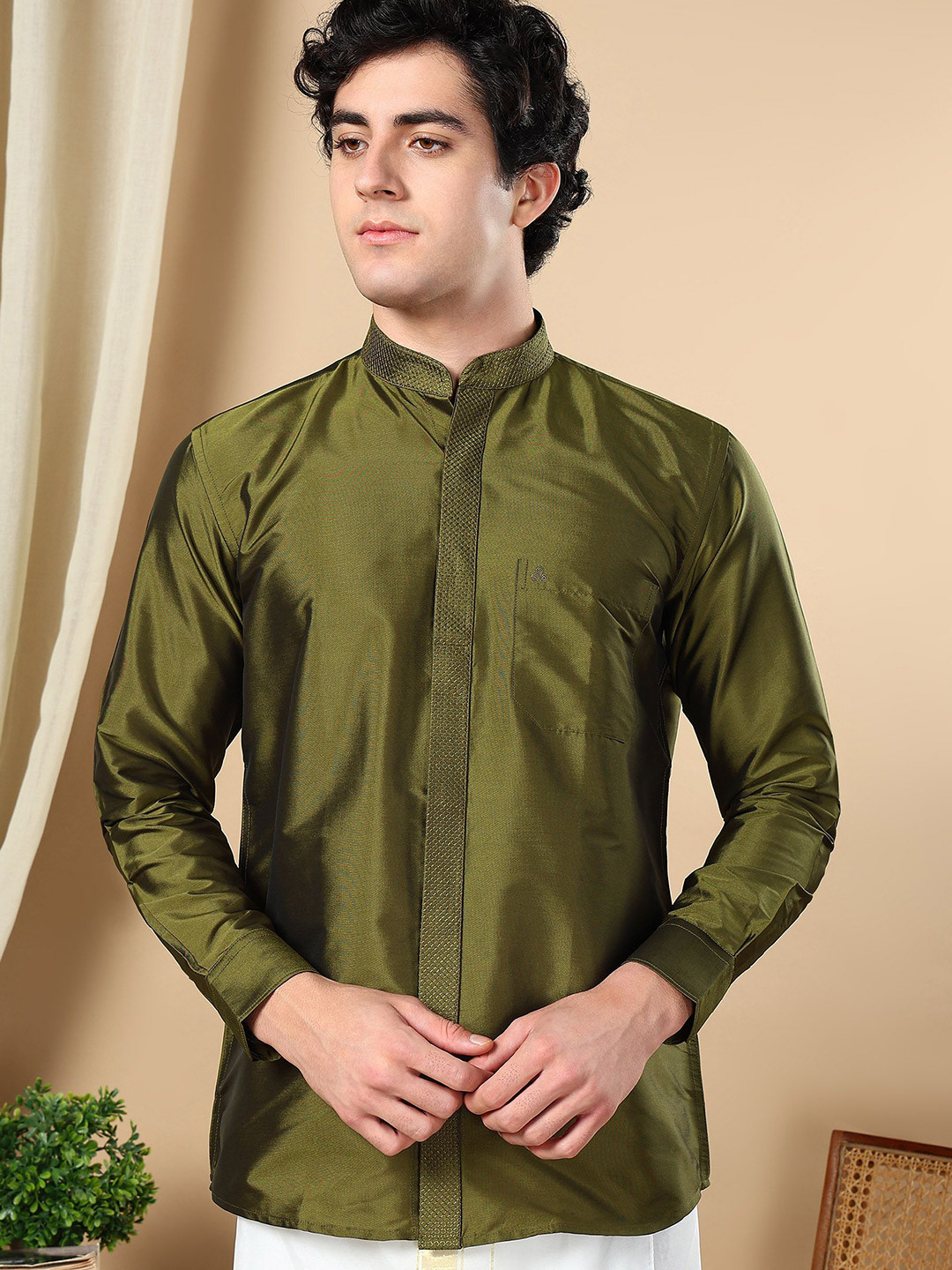 

TATTVA Men Classic Mandarin Collar Solid Slim Fit Casual Shirt, Olive