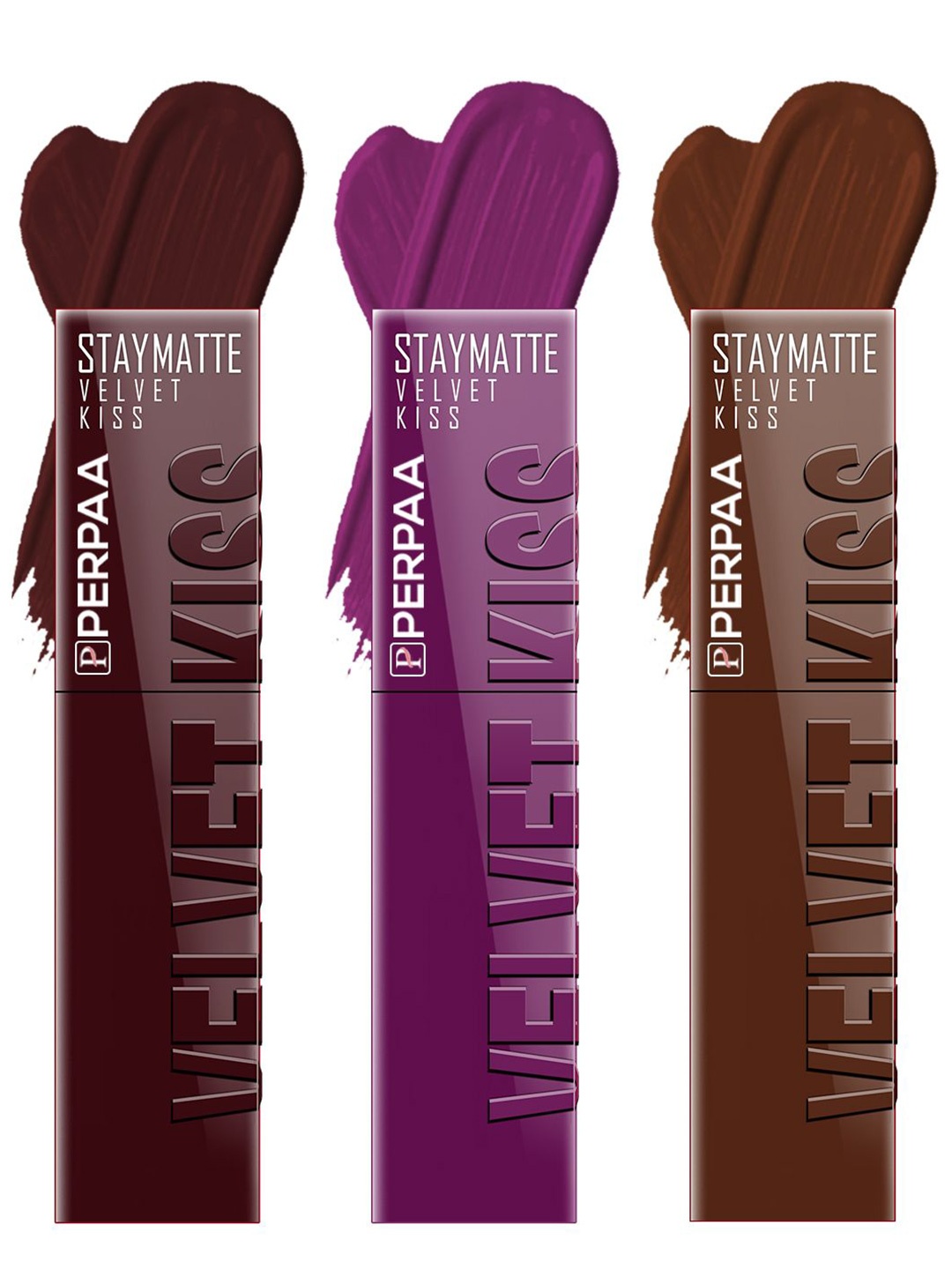 

PERPAA Set of 3 Velvet Kiss Waterproof Matte Liquid Lipstick -3.5 ml Each -Shades 02-03-07, Brown