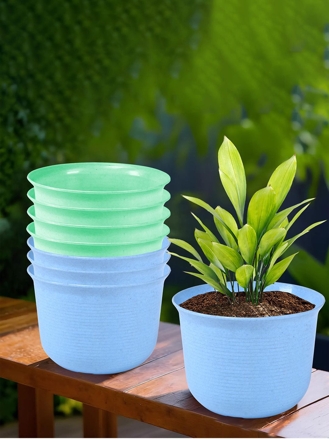 

Kuber Industries Blue & Green 8 Pieces Textured Planters with Plate