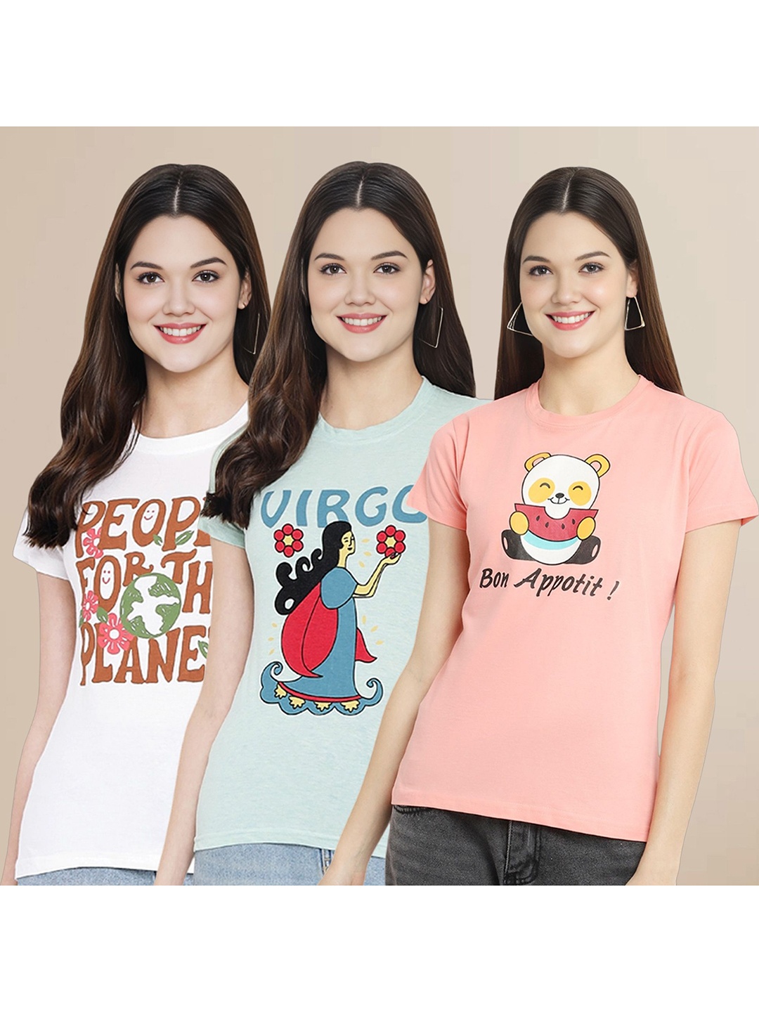 

Metronaut Women Pack Of 3 Typography Printed Round Neck Cotton T-shirts, White
