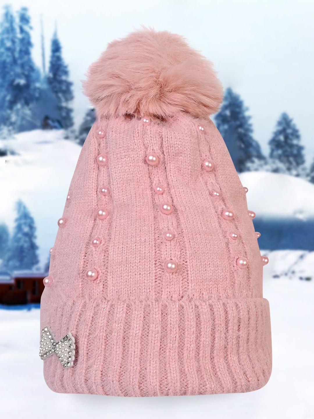 

LOOM LEGACY Women Self Design Winter Woollen Beanie Cap, Pink