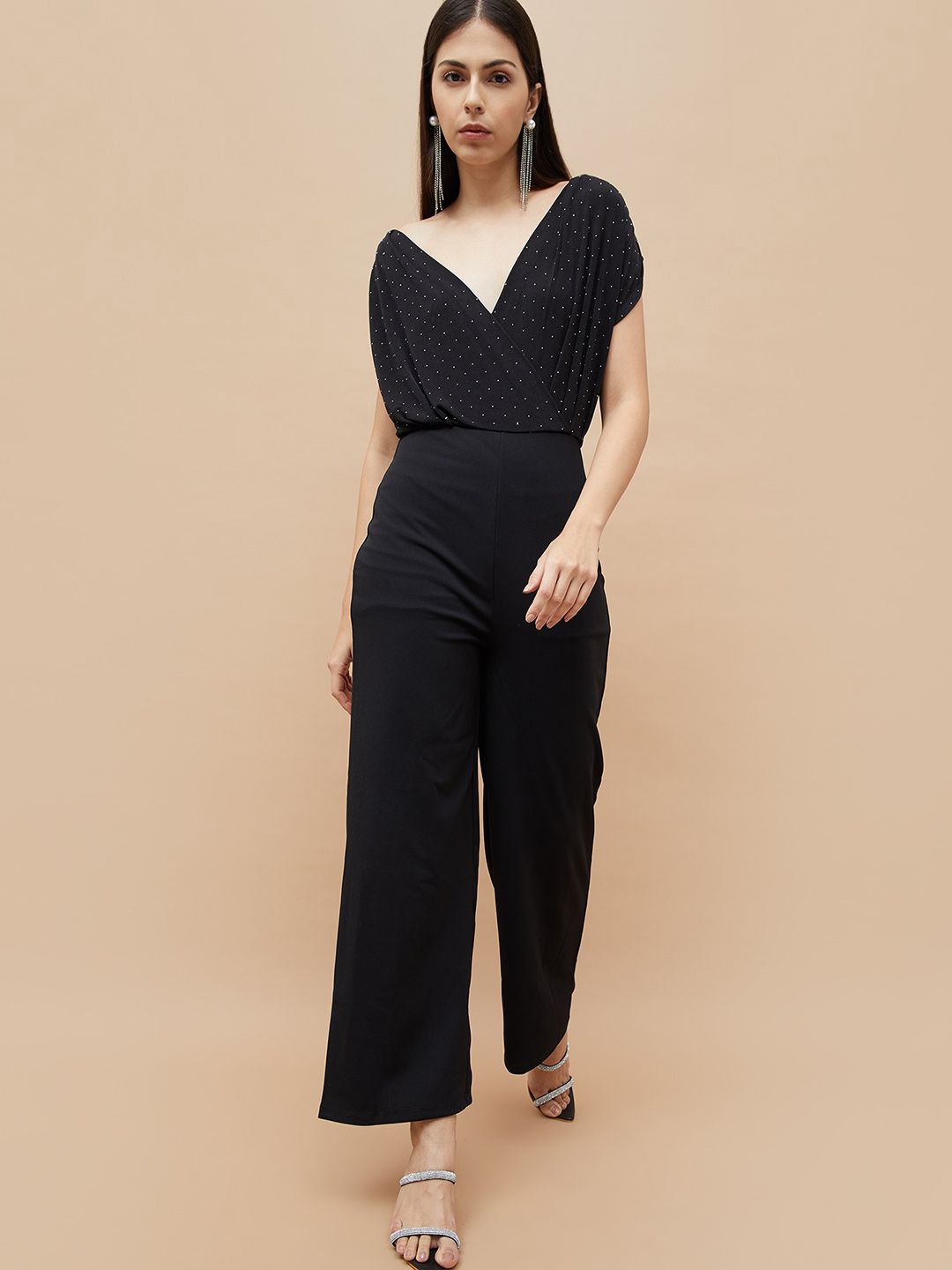 

CODE by Lifestyle Women Polka Dot Printed V-neck Short Sleeves Jumpsuit, Black