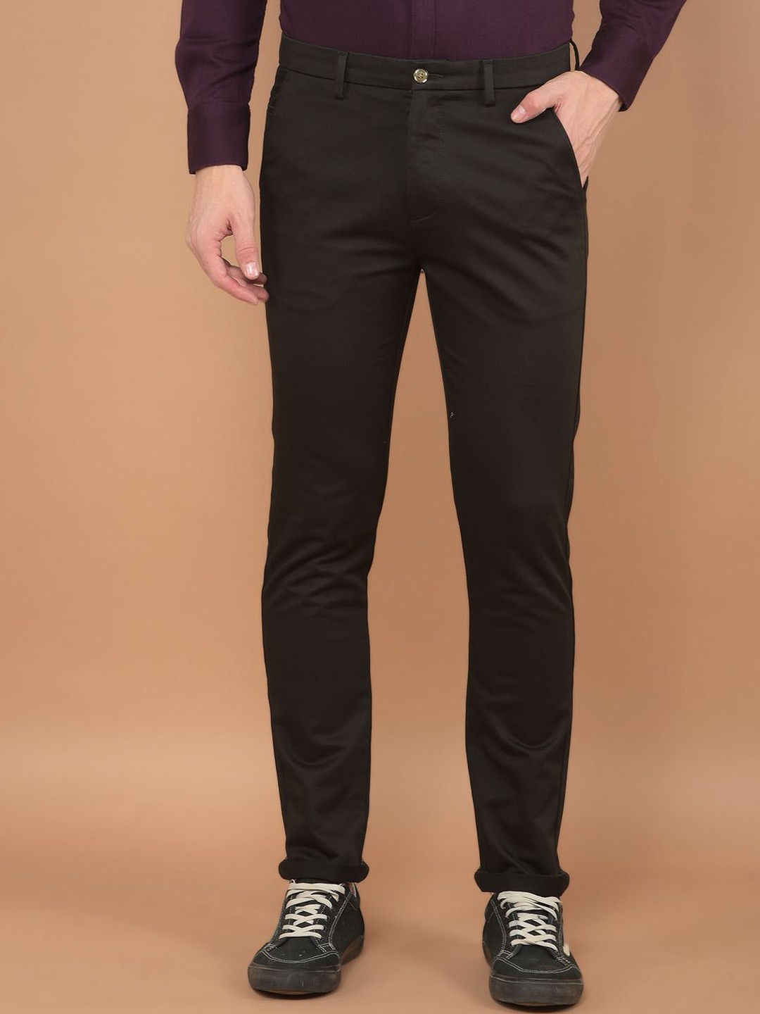 

Crimsoune Club Men Smart Slim Fit Mid-Rise Chinos Trousers, Brown