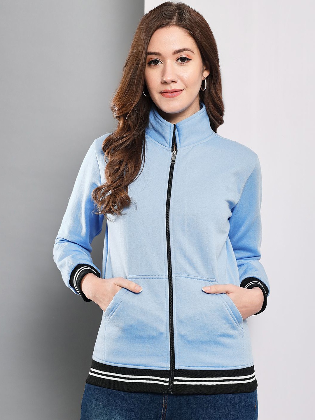 

Funday Fashion Women Mock Collar Solid Fleece Casual Bomber Jacket, Blue