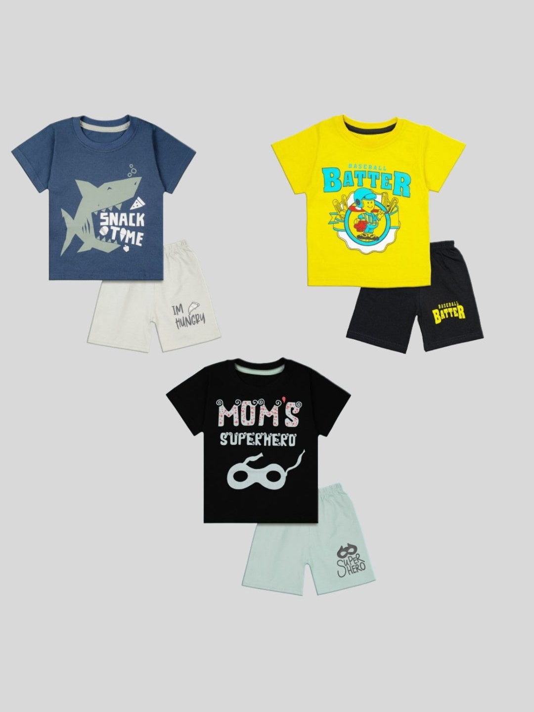 

BURBN Boys Pack of 3 Printed Pure Cotton T-shirt with Shorts, Yellow