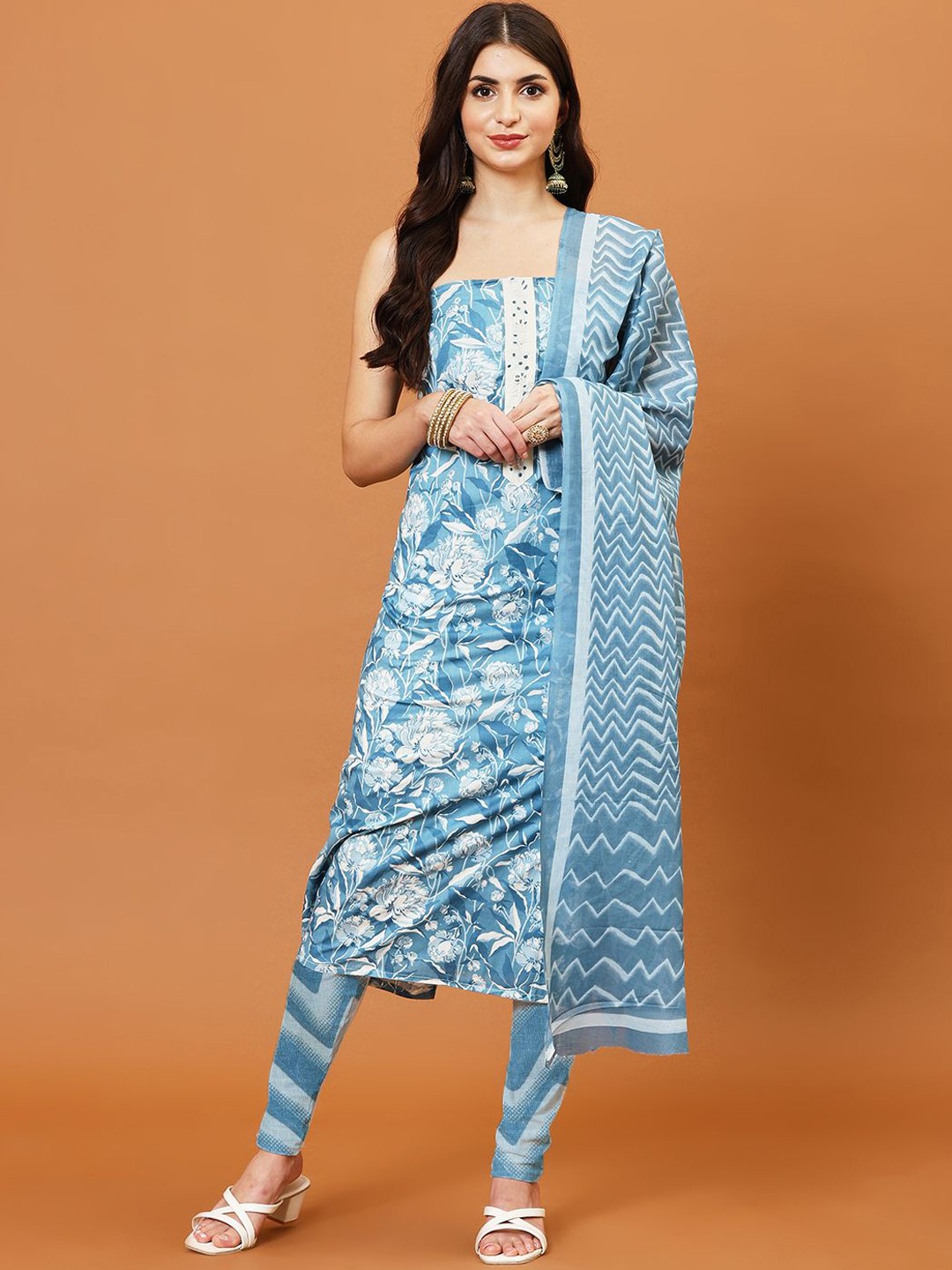 

Meena Bazaar Floral Printed Cotton Unstitched Dress Material, Blue