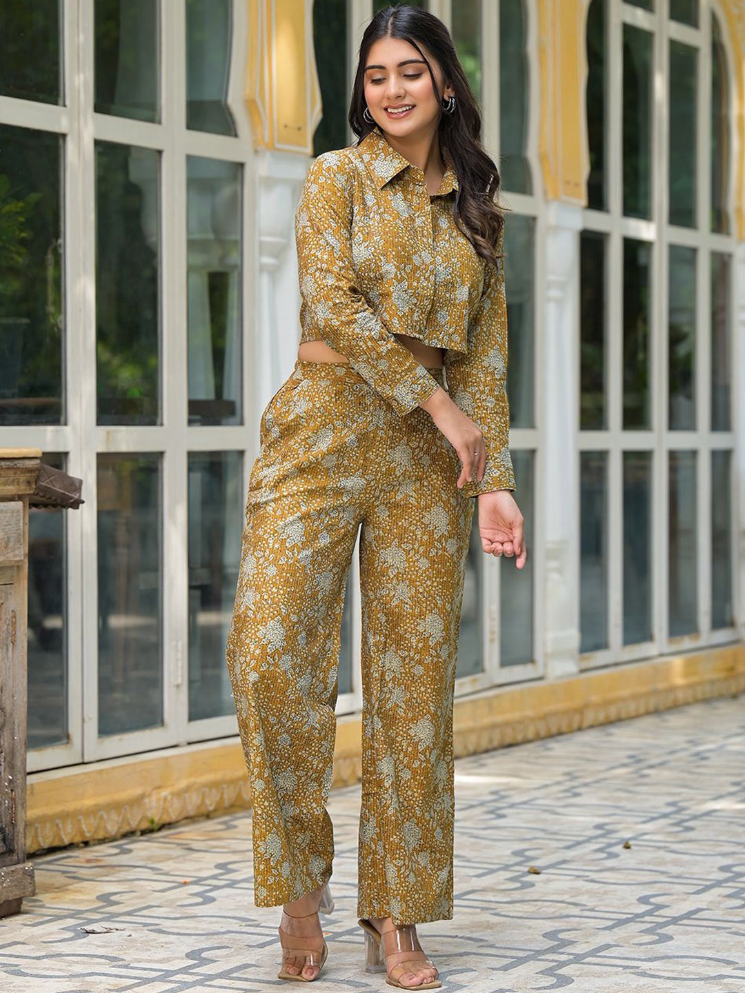 

AKS Printed Pure Cotton Crop Shirt With Palazzos, Mustard