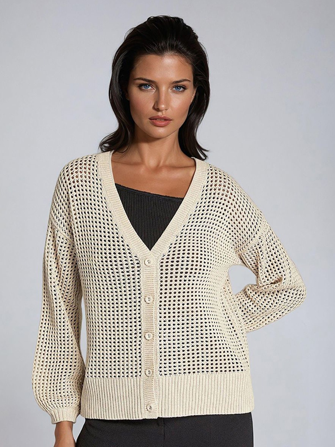 

Kotty Women V-Neck Cotton Cardigan, Beige