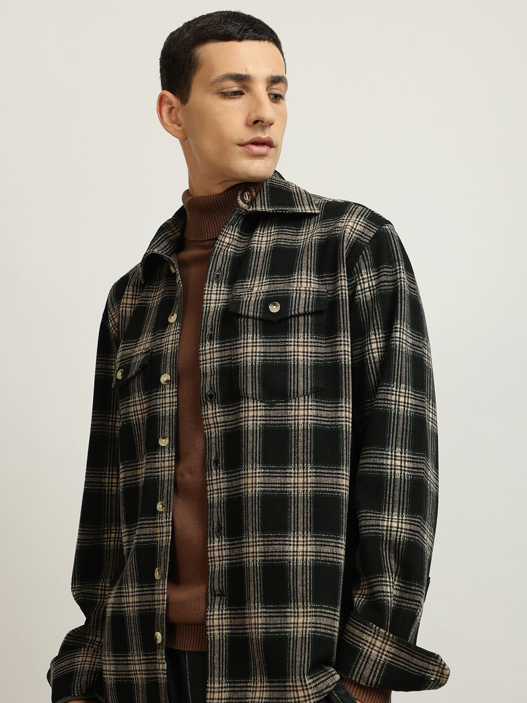 

Iconic Men Spread Collar Tartan Checked Casual Shirt, Black