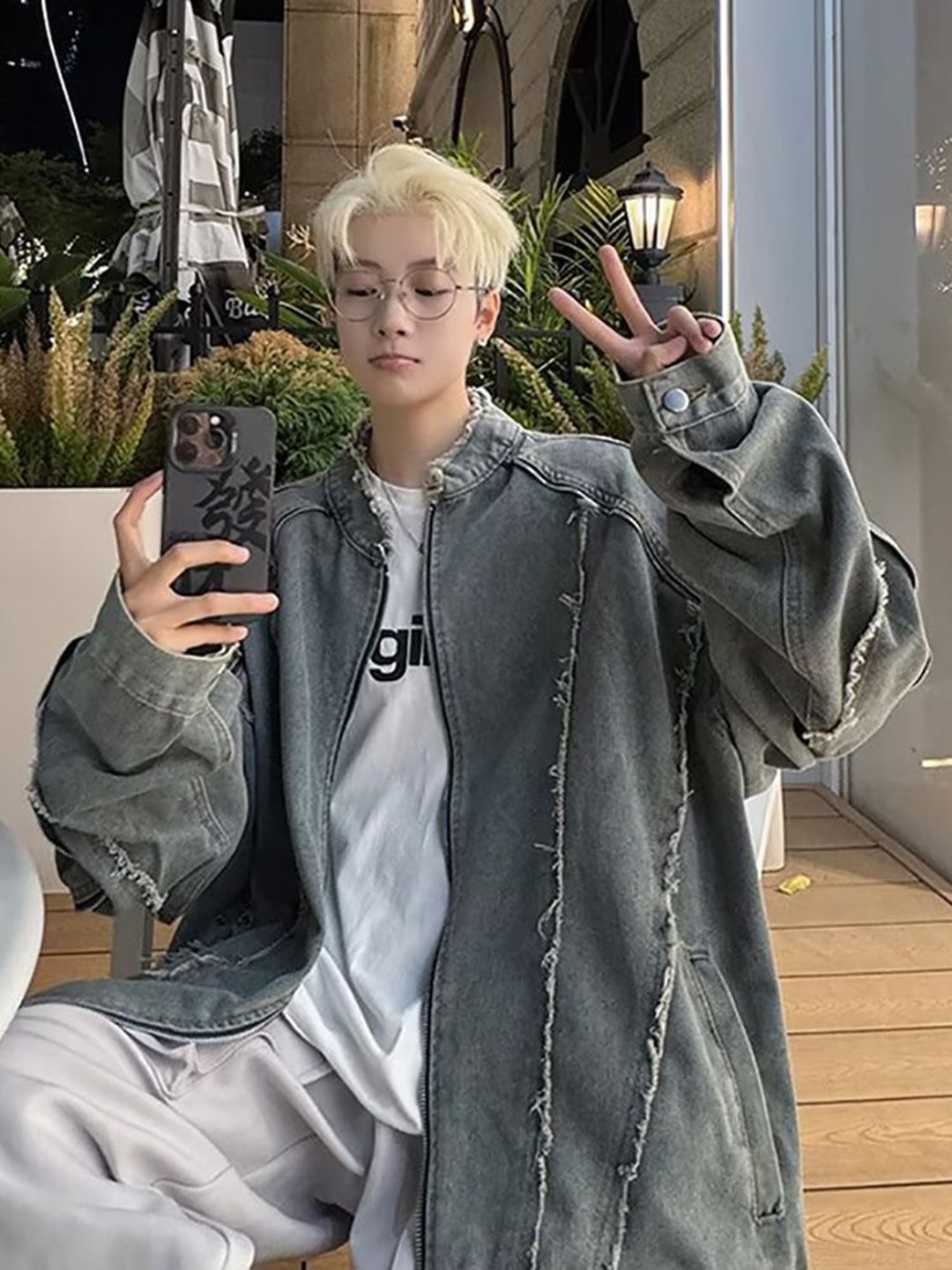 

StyleCast x Revolte Men Mock Collar Washed Self Design Casual Denim Jacket, Grey