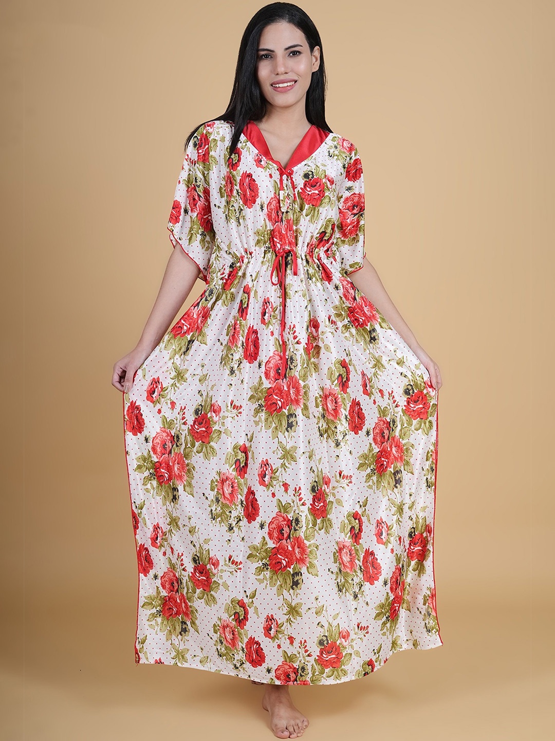 

Noty Women Printed V Neck Maxi Kaftan Nightdress, White