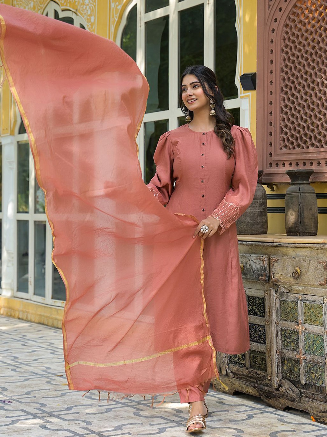 

AKS Couture Rounds Neck Long Puffed Sleeves A-Line Kurta with Trousers & Dupatta, Mauve