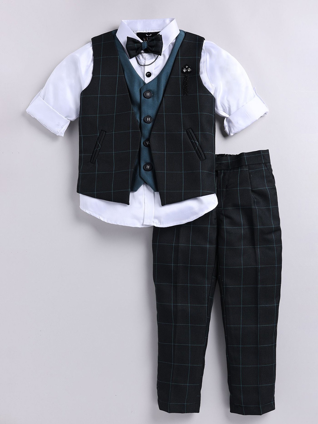 

LITTLE COLLARS Boys Checked V-Neck Single-Breasted 3 Piece Suit With Bow Tie, Green