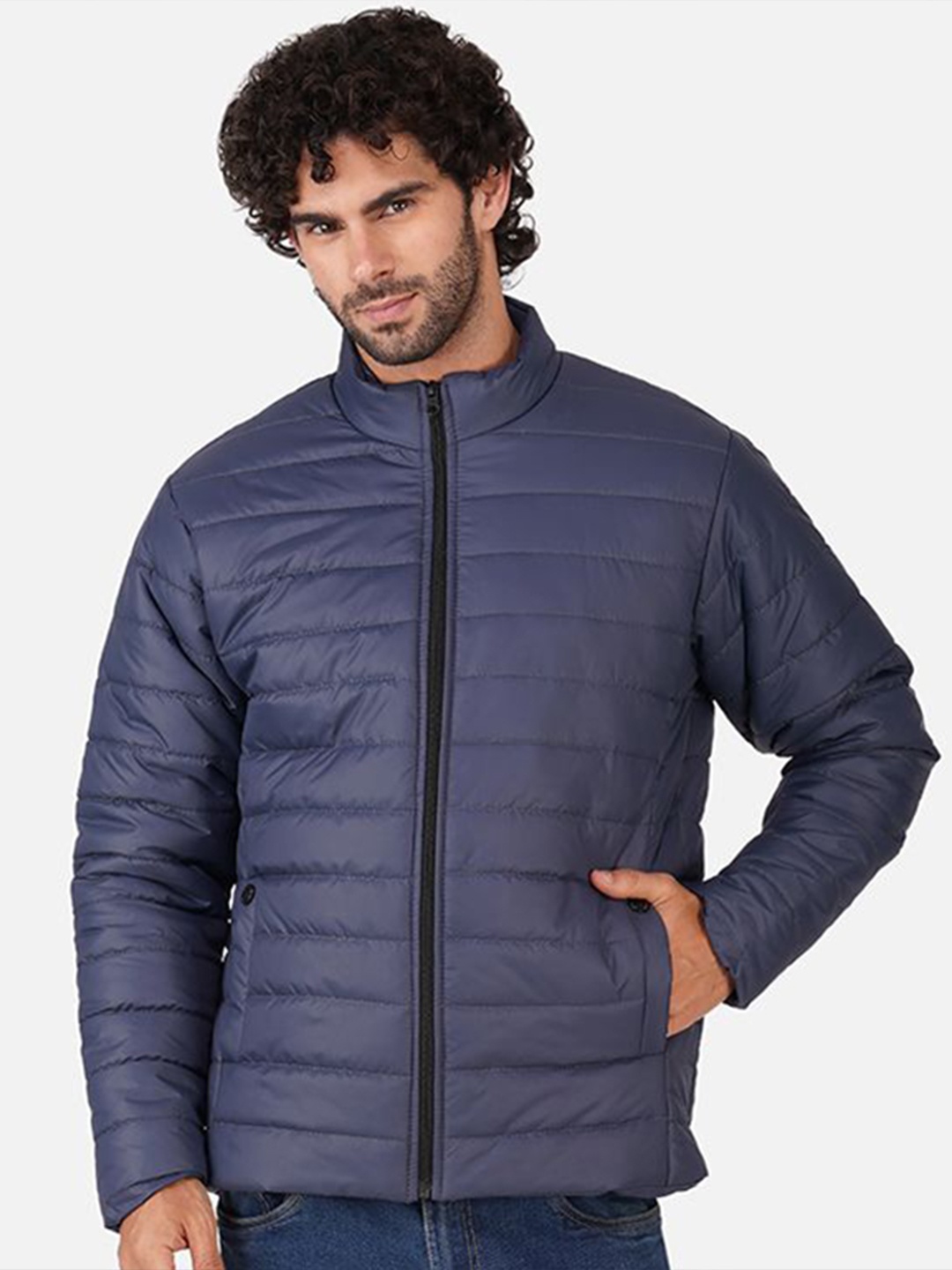 

BAESD Men Mock Collar Solid Casual Puffer Jacket, Navy blue
