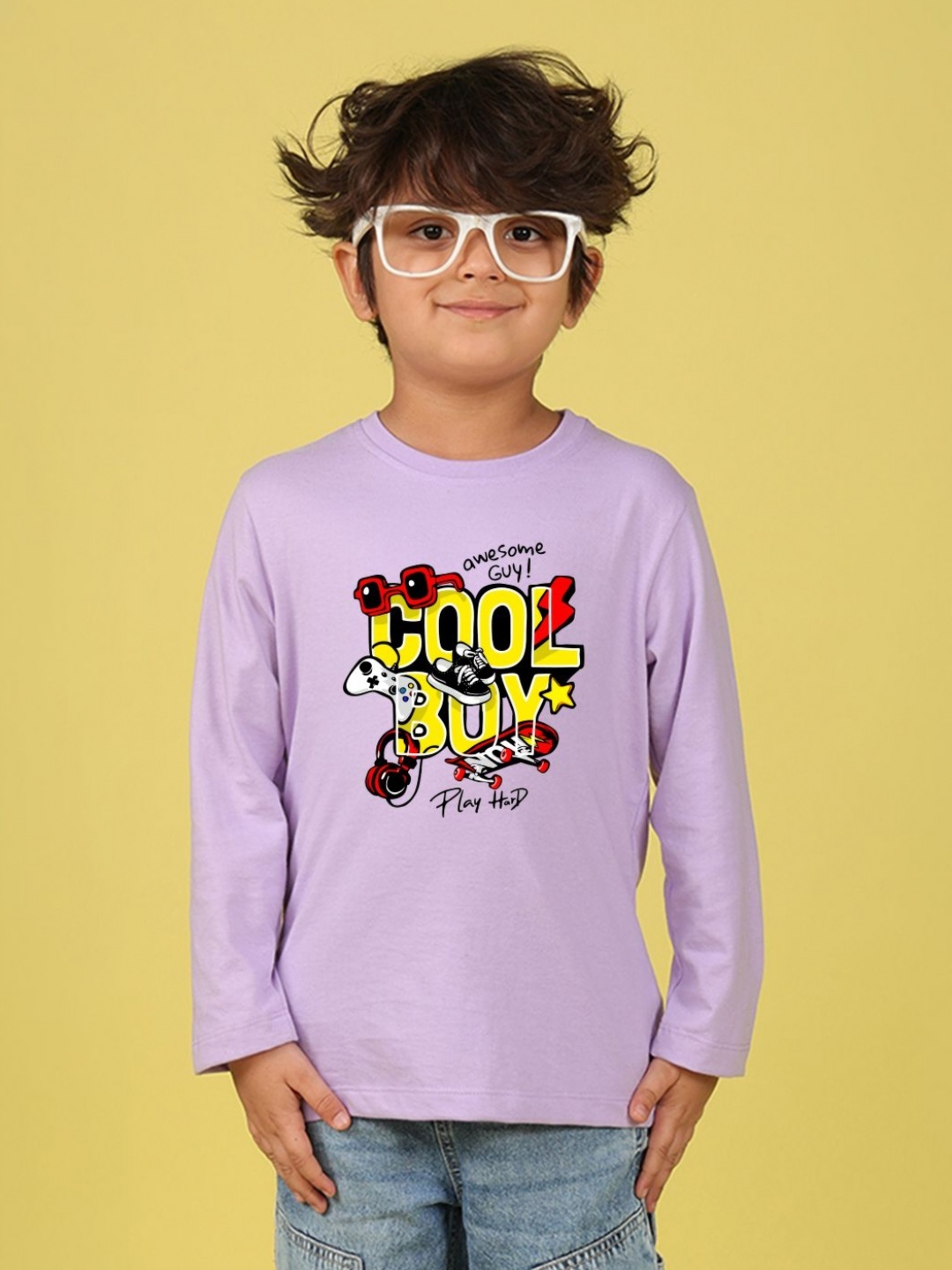

NUSYL Boys Typography Printed Round Neck Cotton T-shirt, Lavender