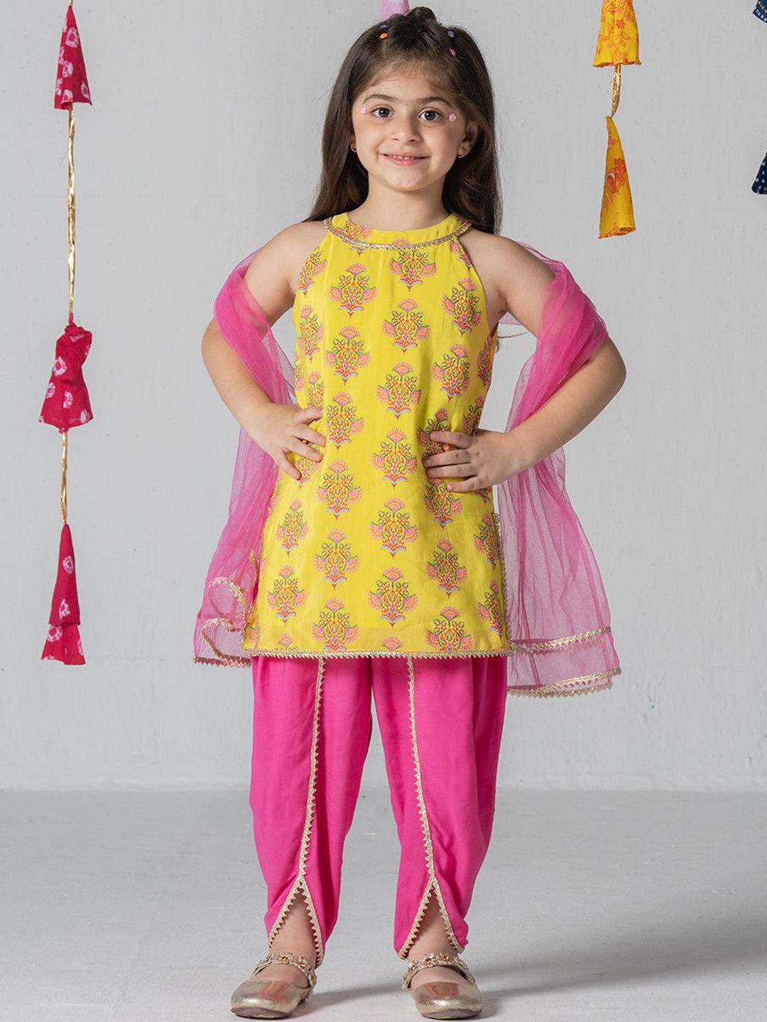 

SPUNKIES Girls Floral Printed Gotta Patti Pure Cotton A-Line Kurta With Sharara & Dupatta, Yellow