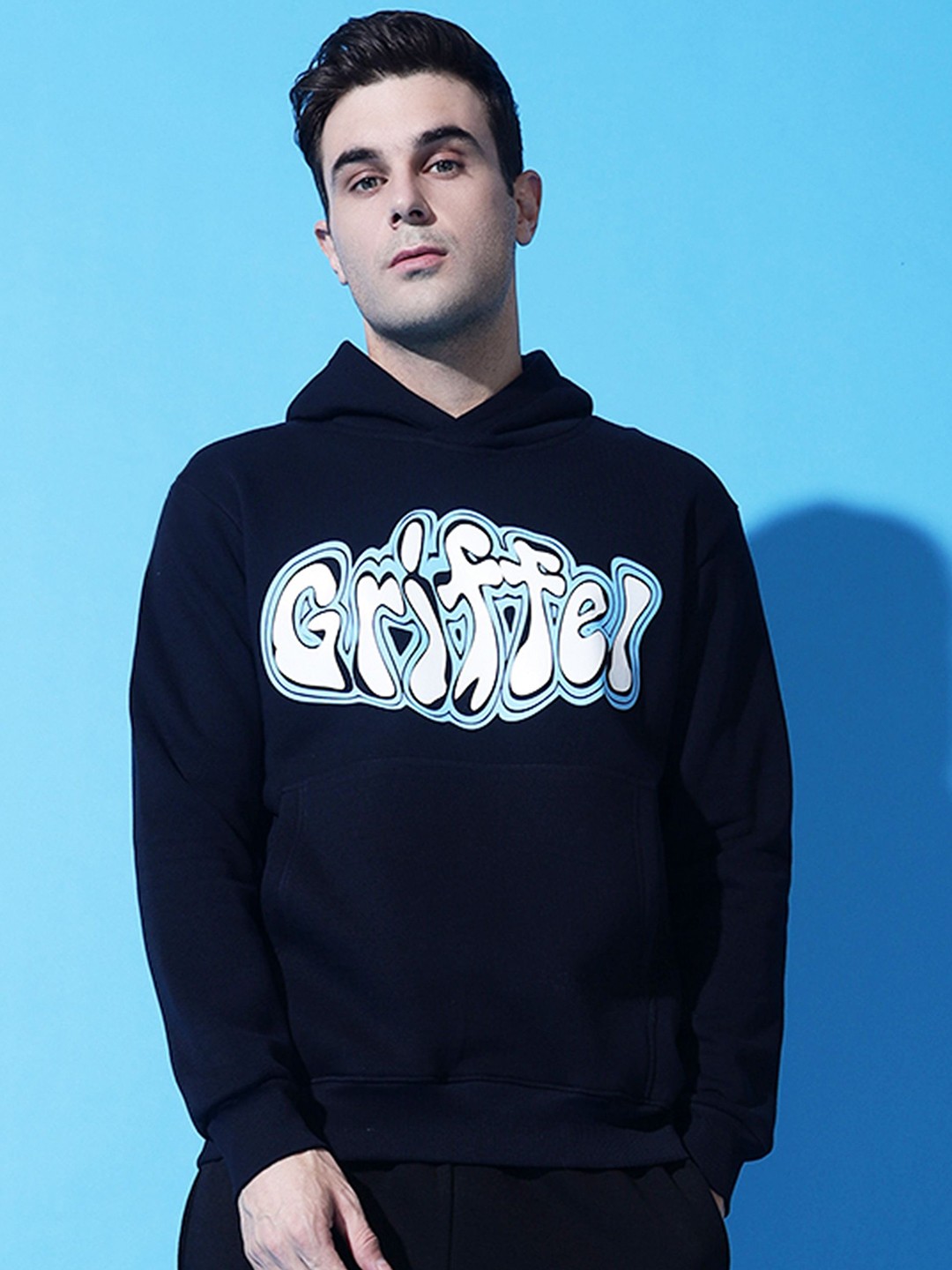 

GRIFFEL Men Printed Long Sleeves Hooded Pullover Sweatshirt, Navy blue