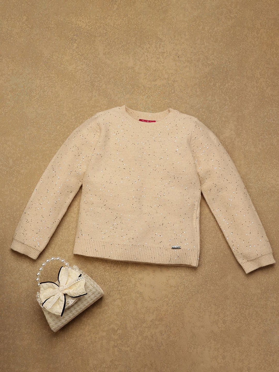 

One Friday Girls Round Neck Pullover Sweaters, Beige