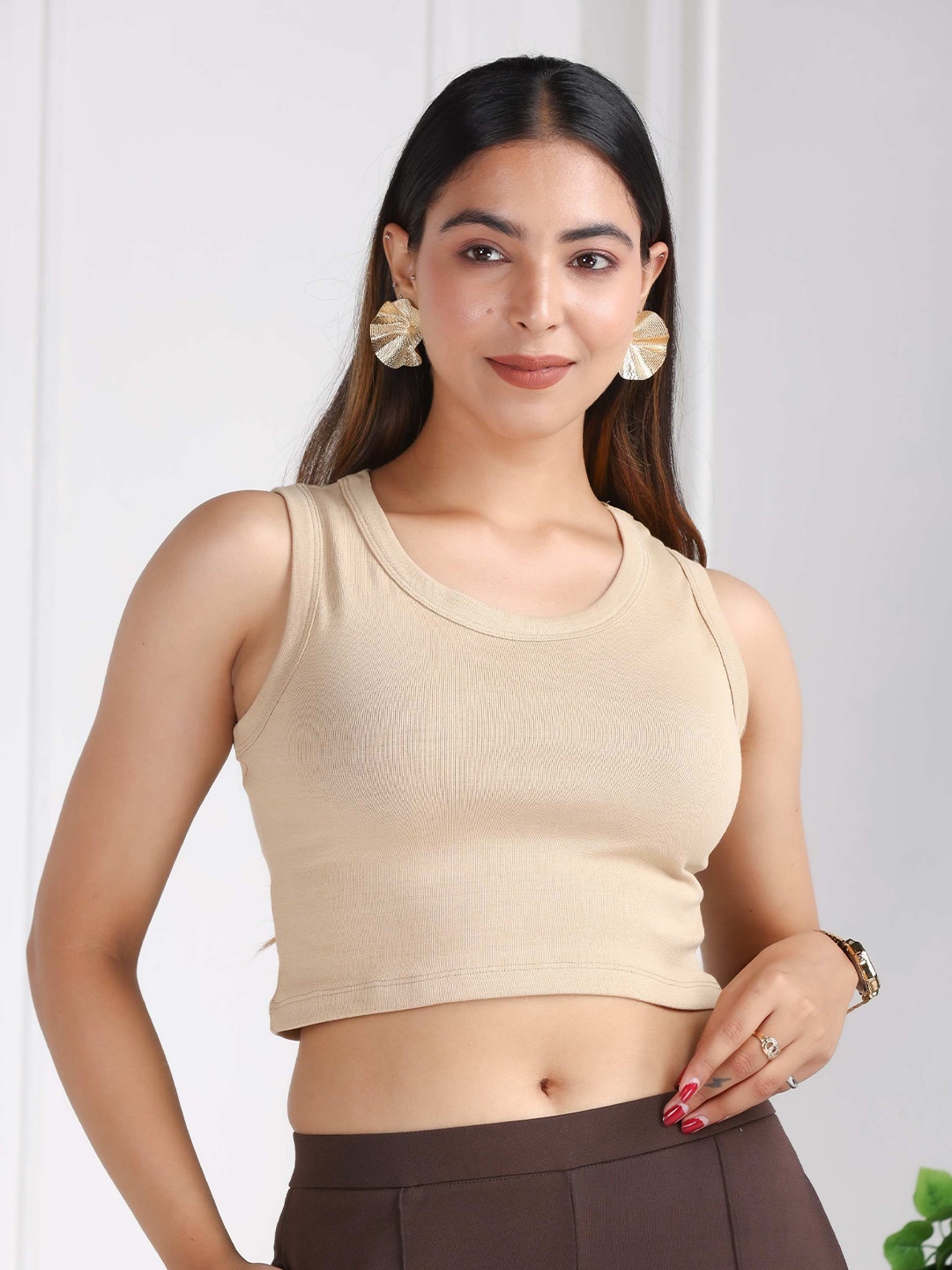 

Mlada Round Neck Regular Fit Sleeveless Cotton Ribbed Top, Beige
