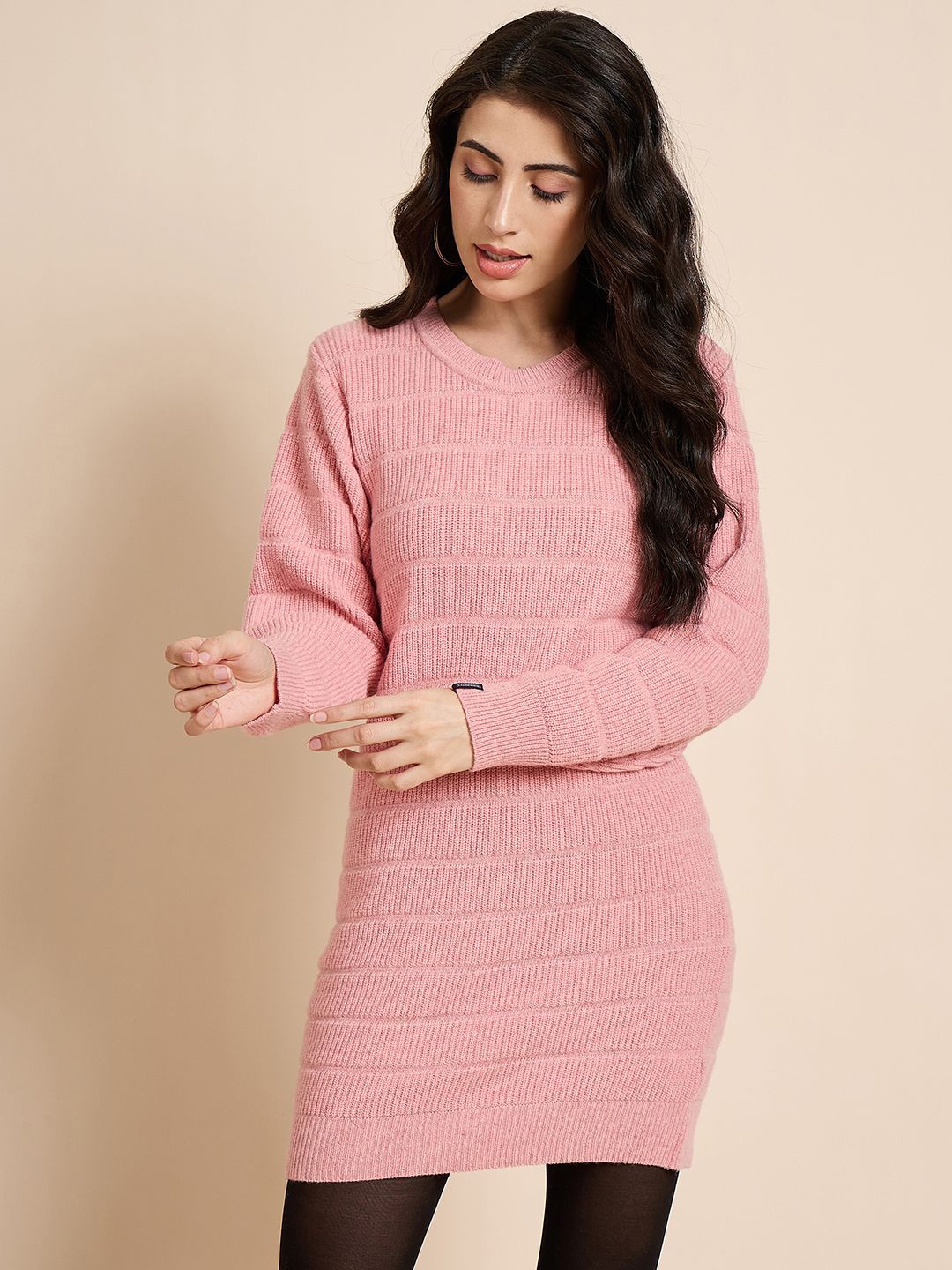 

CREATIVE LINE Self Design Winter Jumper Dress, Pink