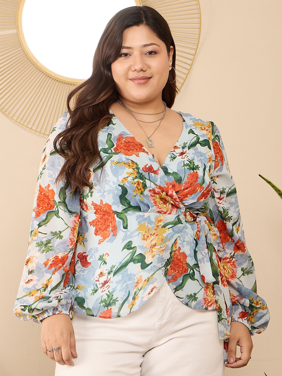 

Berrylush Curve Floral Printed Plus Size Wrap Top, Blue