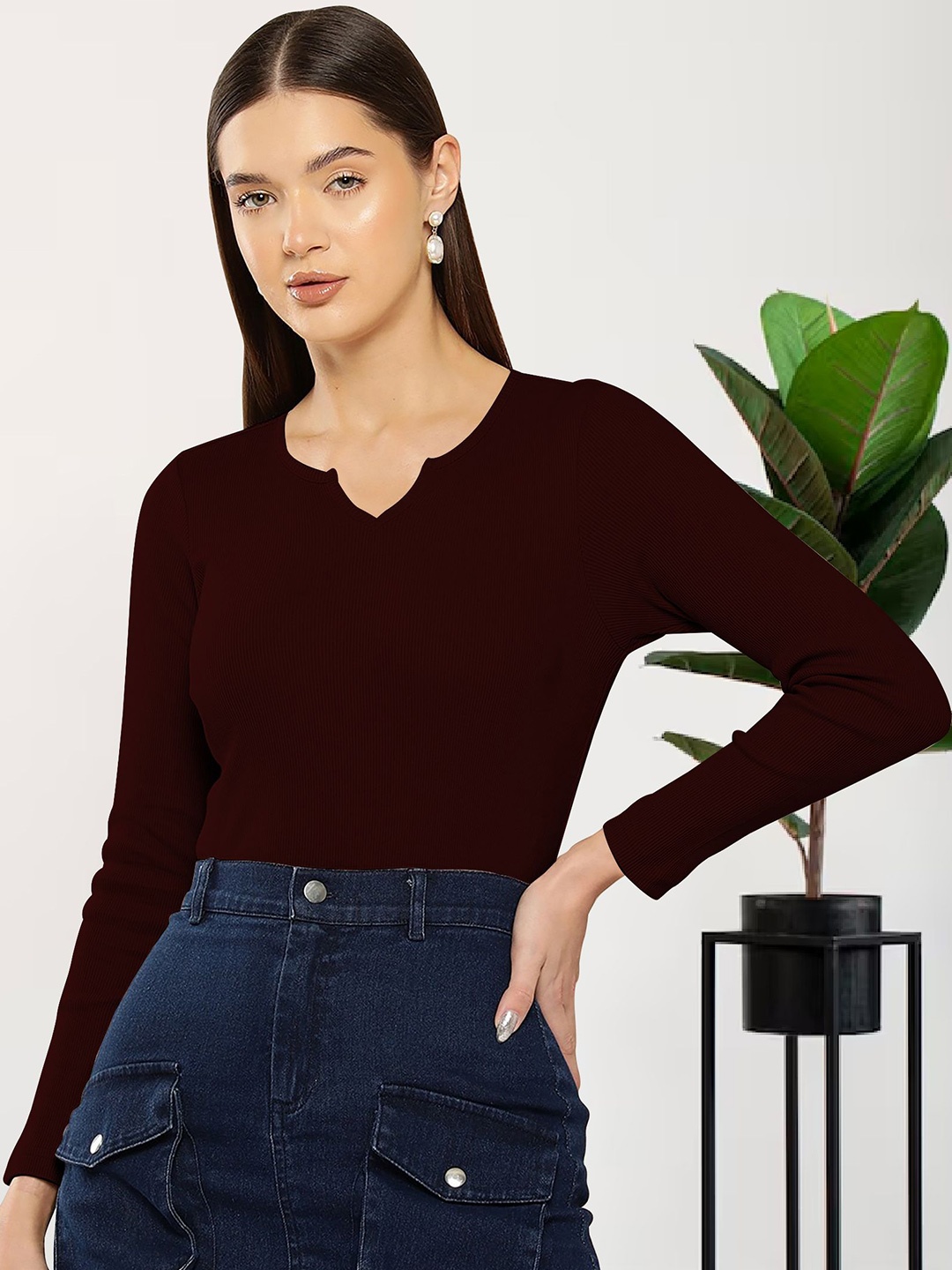 

Dream Beauty Fashion Women Solid V-Neck Long Sleeves Top, Maroon