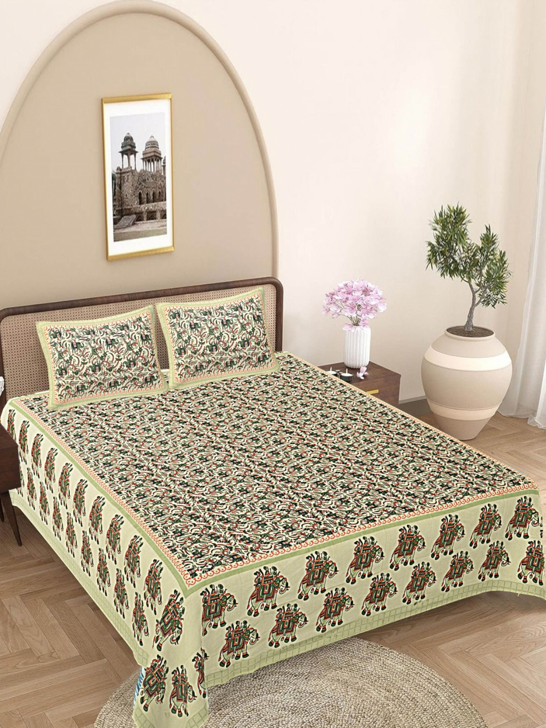 

FrionKandy Living Green & Beige Printed 180 TC Cotton King Bedsheet Set 2.12 m x 2.62 m