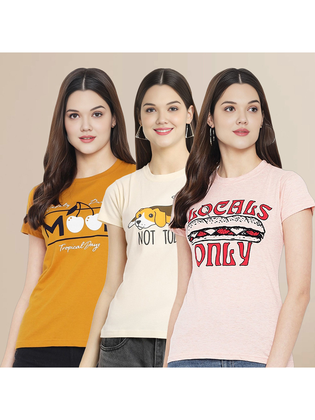 

Metronaut Women Pack Of 3 Typography Printed Round Neck Cotton T-shirts, Mustard