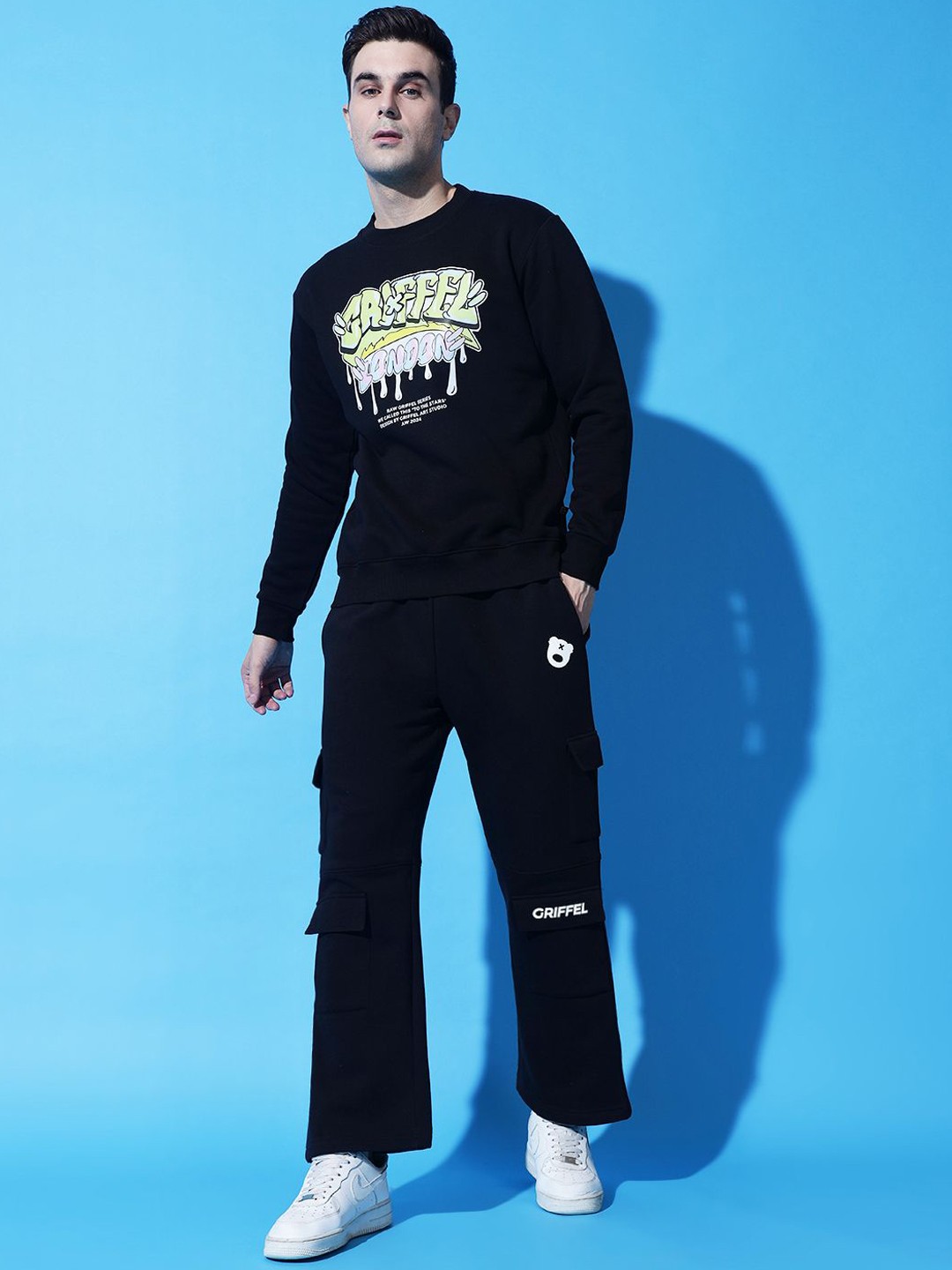 

GRIFFEL Men Typography Printed Mid-Rise Round Neck Tracksuits, Black