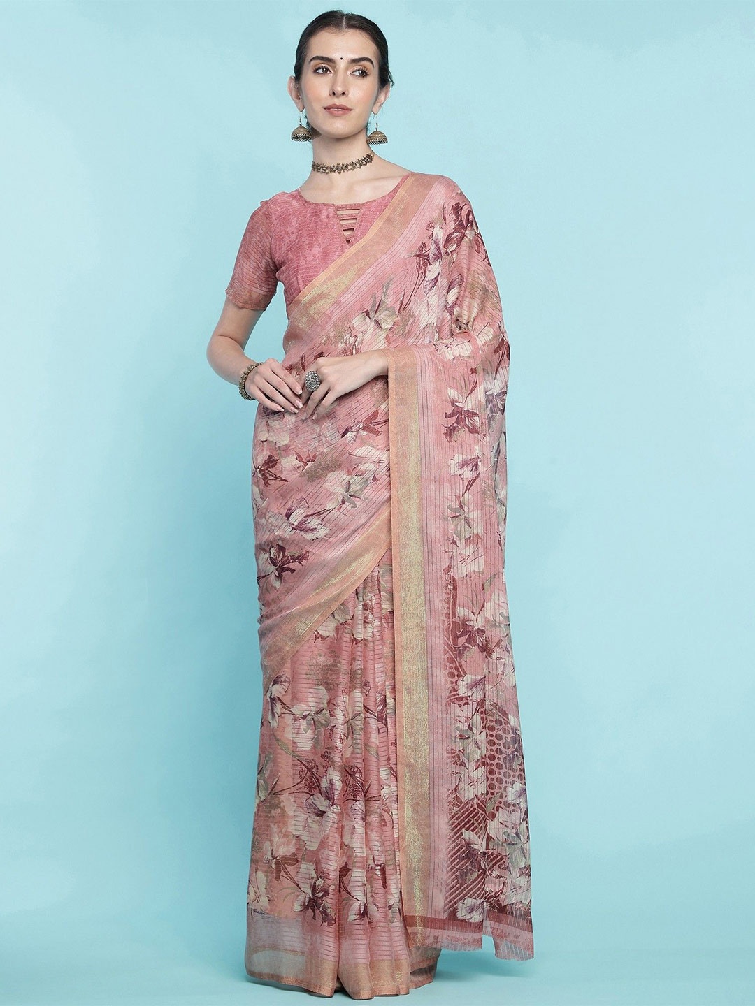 

DIVASTRI Floral Printed Woven Design Zari Saree, Pink