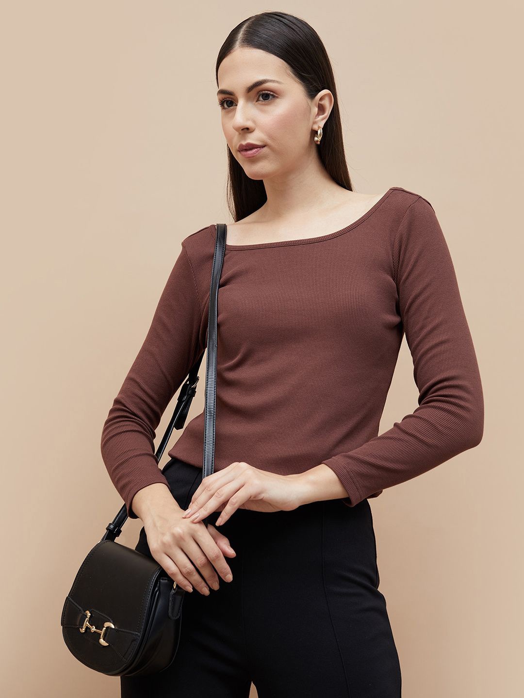 

CODE by Lifestyle Women Round Neck Long Sleeves Top, Brown