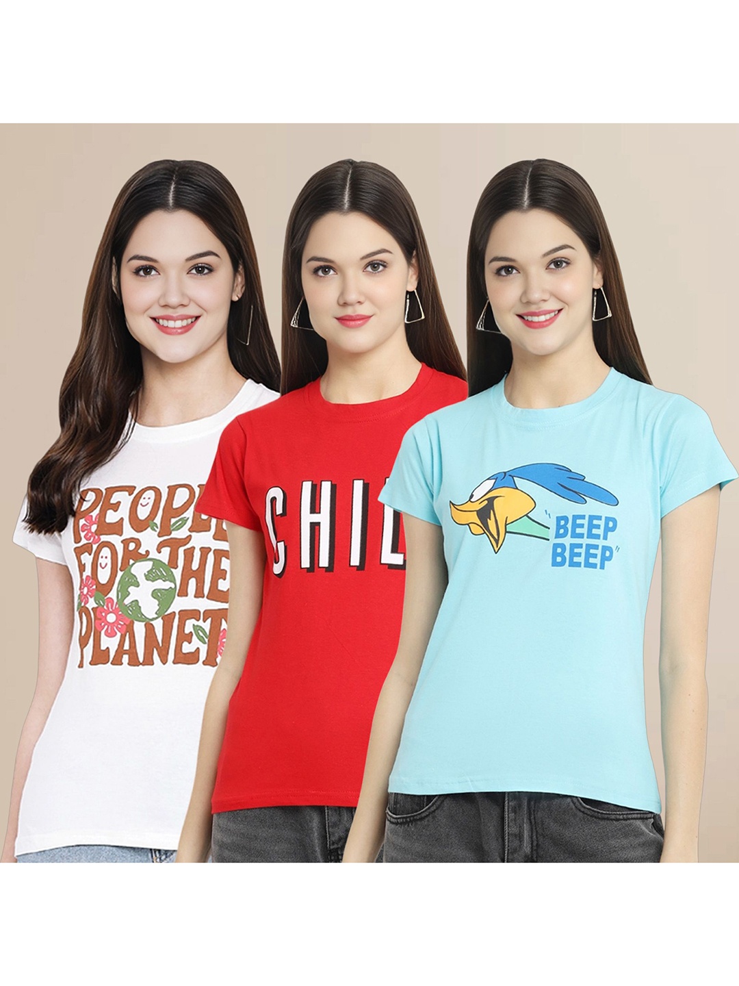 

Metronaut Women Pack Of 3 Typography Printed Round Neck Cotton Looney Tunes T-shirts, White