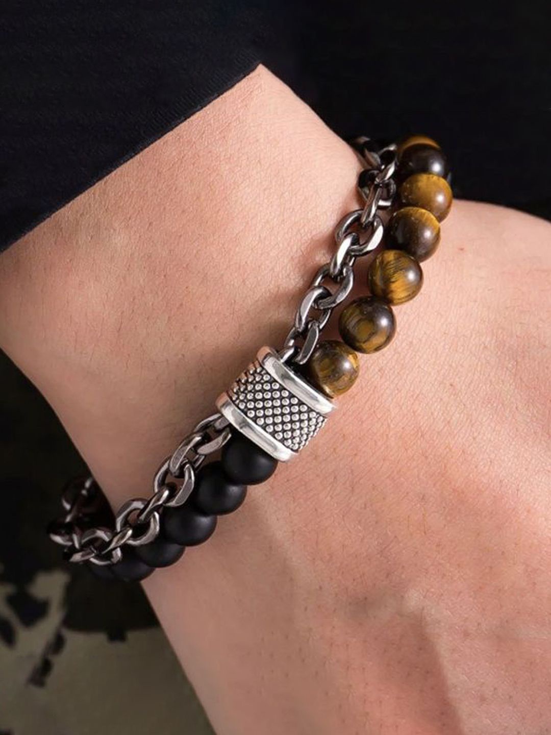 

Jewels Galaxy Men Silver-Plated Beaded Wraparound Bracelet