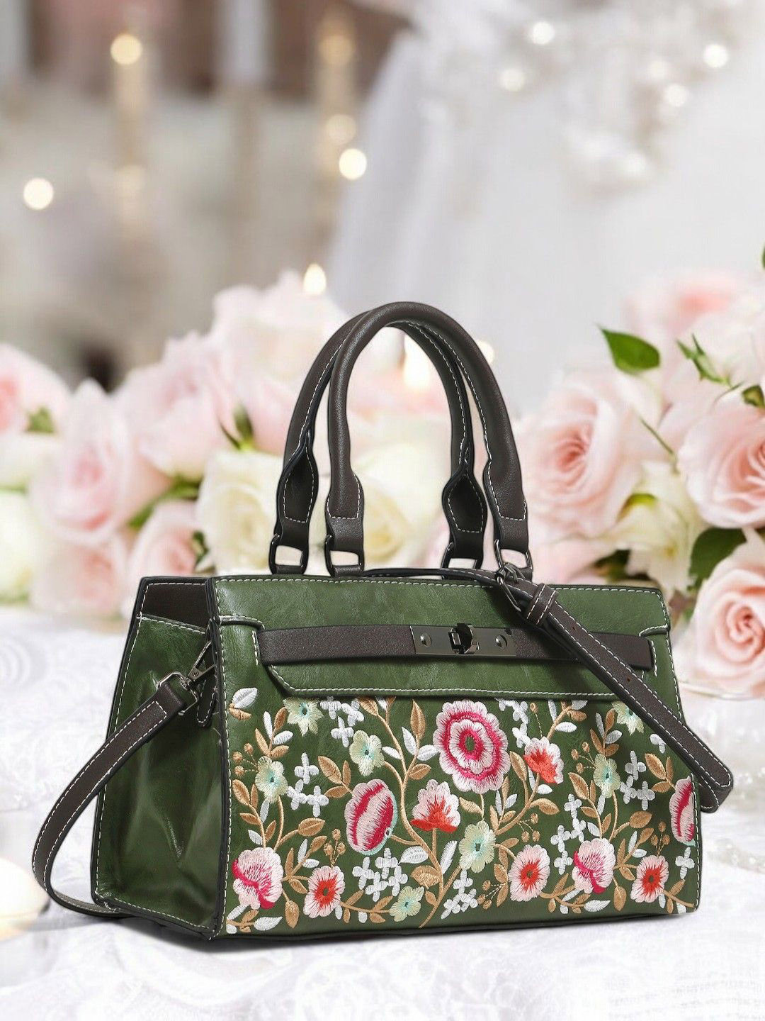 

Exotic Women Floral Printed Structured Leather Handheld Bag, Green