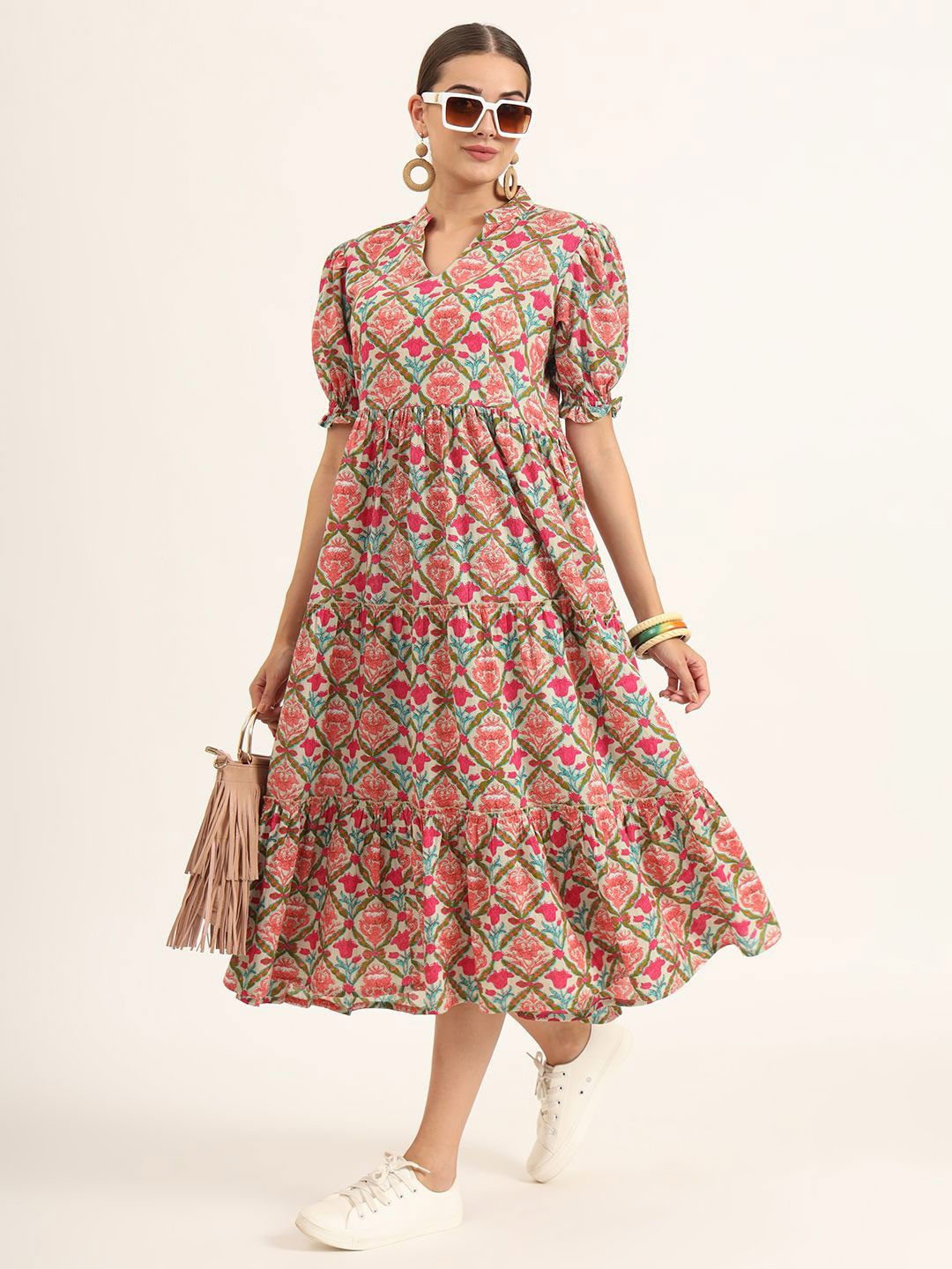 

KALINI Women Cotton Floral Printed Puff Sleeve Fit & Flare Midi Dress, Multi