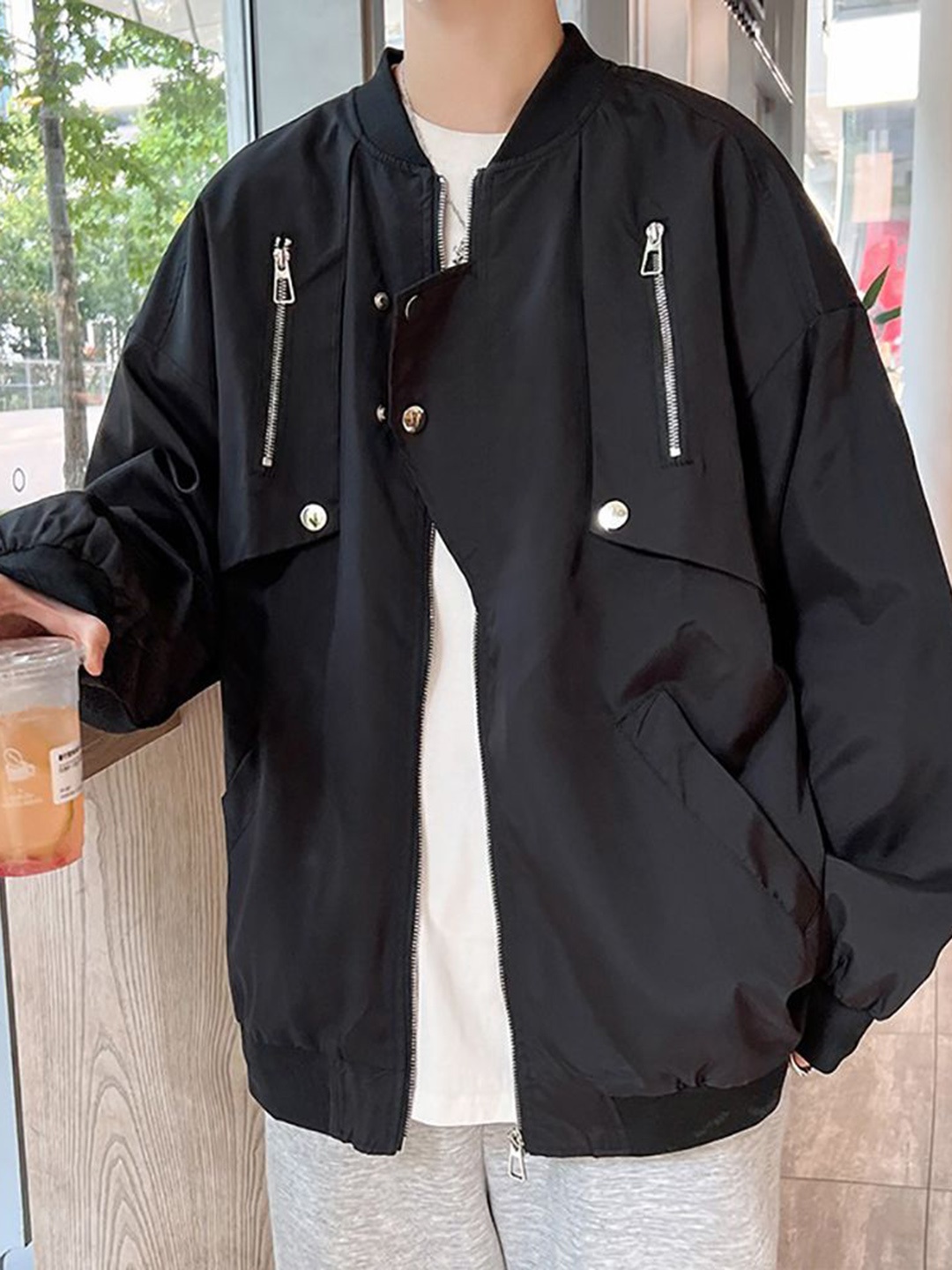 

StyleCast x Revolte Men Stand Collar Solid Casual Bomber Jacket, Black